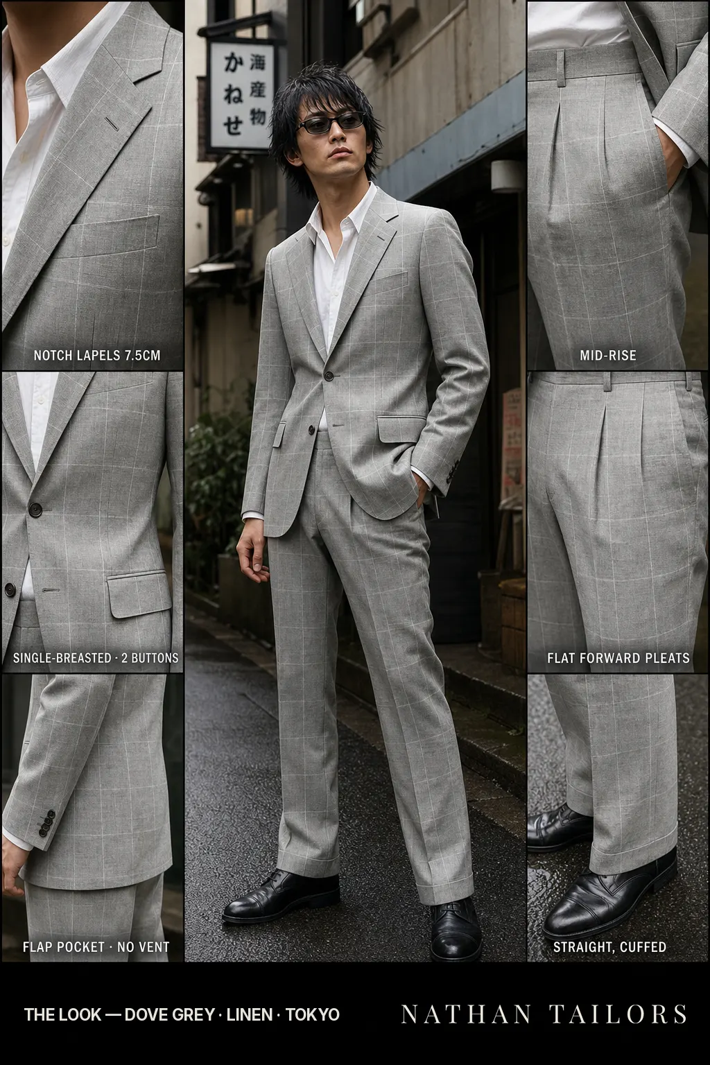 dove grey windowpane single-breasted notch-lapel bespoke suit โ AI-rendered by Nathan Tailors, the Hoi An custom tailor. Available as a custom tailored suit from $149.