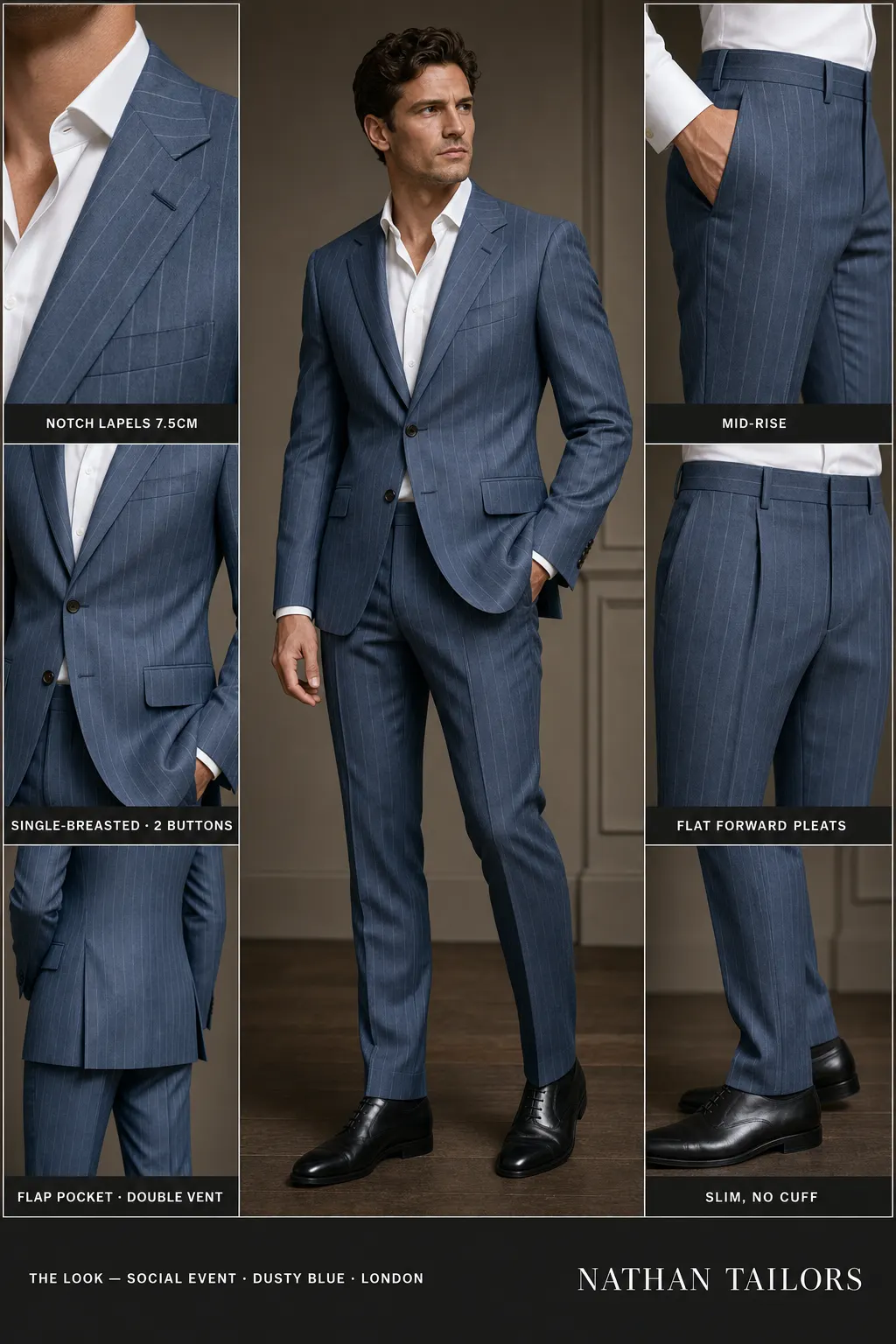 dusty blue chalk stripe single-breasted notch-lapel bespoke suit — AI-rendered by Nathan Tailors, the Hoi An custom tailor. Available as a custom tailored suit from $149.