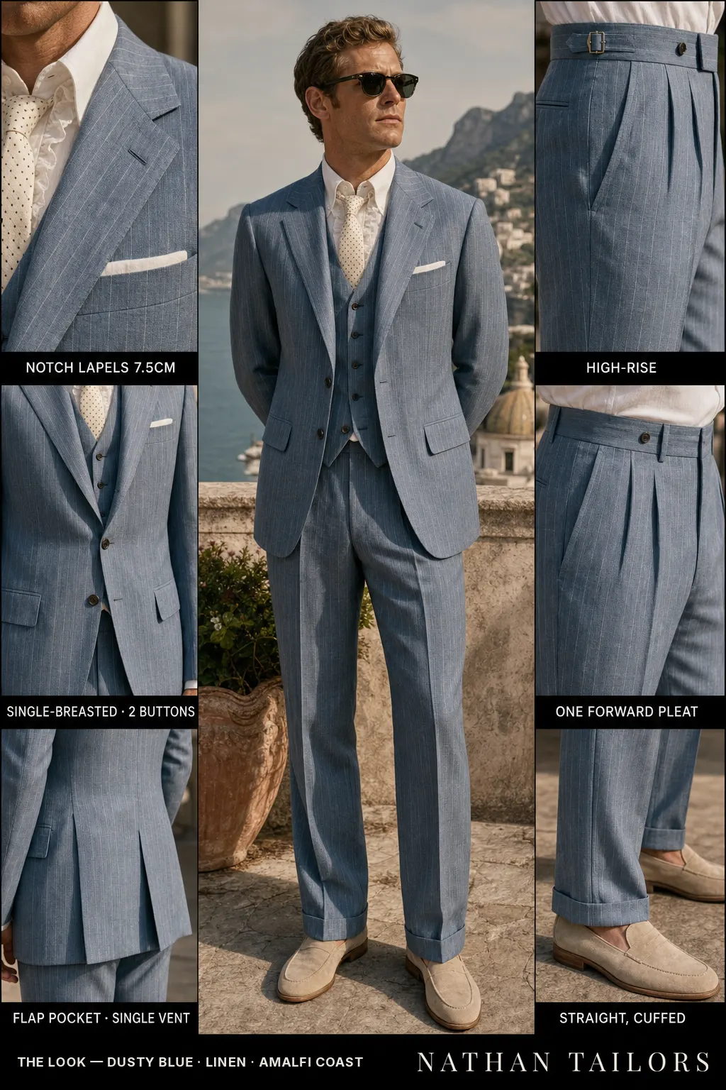 dusty blue chalk stripe single-breasted notch-lapel bespoke suit — AI-rendered by Nathan Tailors, the Hoi An custom tailor. Available as a custom tailored suit from $149.