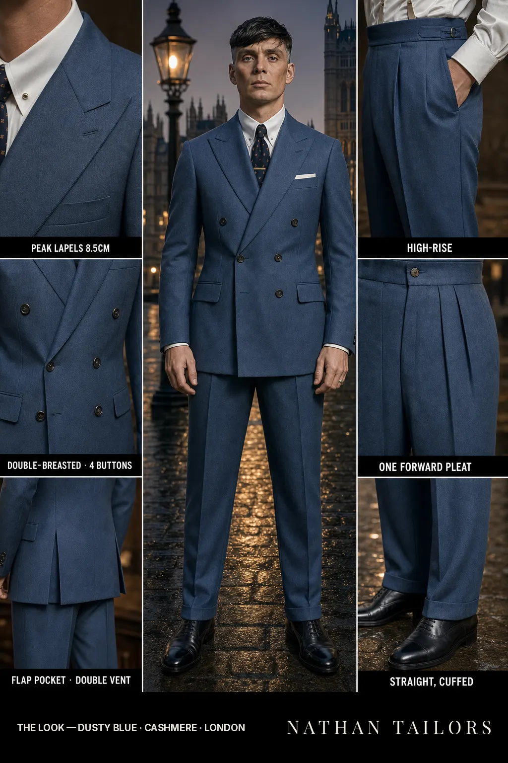 dusty blue double-breasted peak-lapel bespoke suit — AI-rendered by Nathan Tailors, the Hoi An custom tailor. Available as a custom tailored suit from $149.