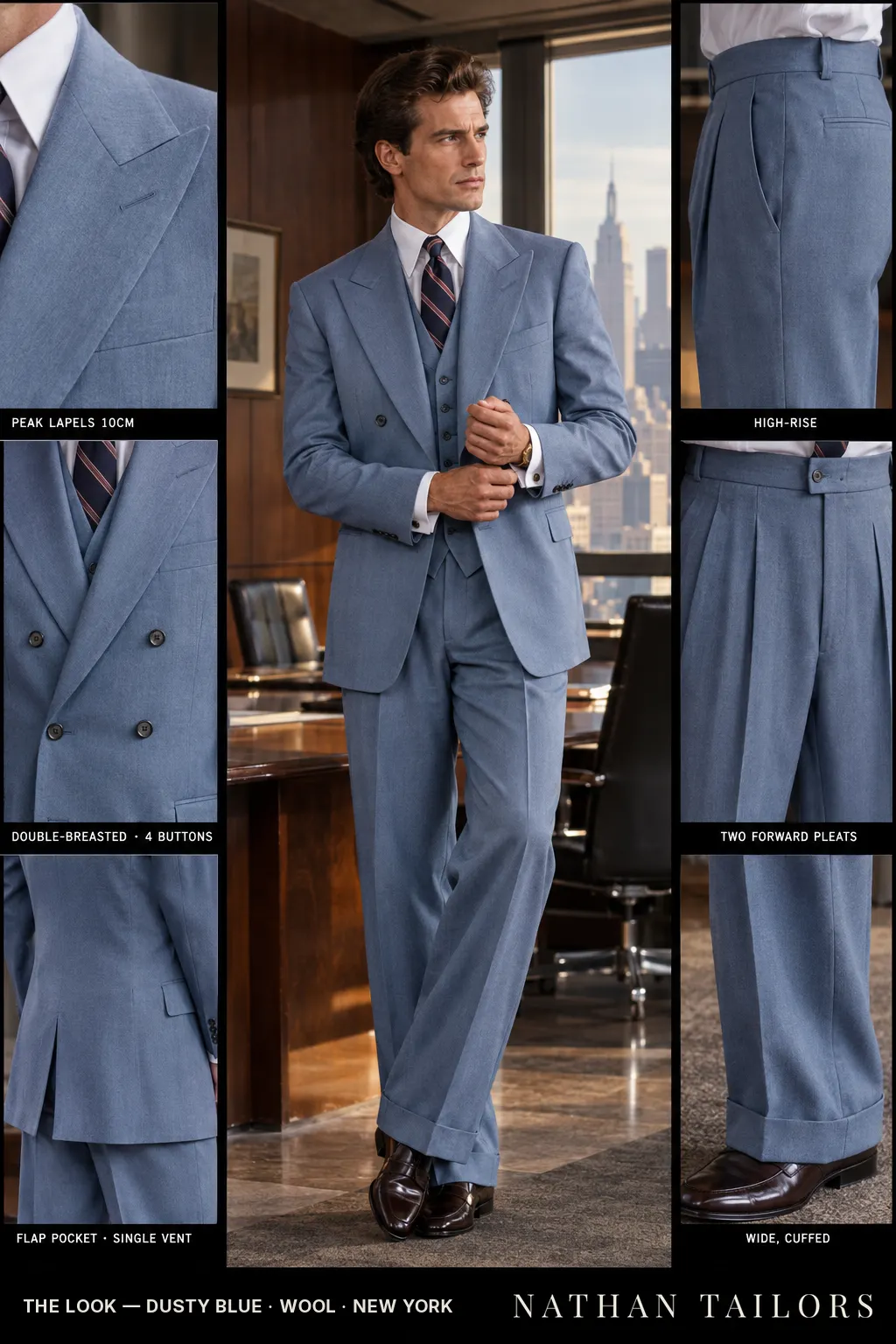 dusty blue double-breasted peak-lapel bespoke suit โ AI-rendered by Nathan Tailors, the Hoi An custom tailor. Available as a custom tailored suit from $149.