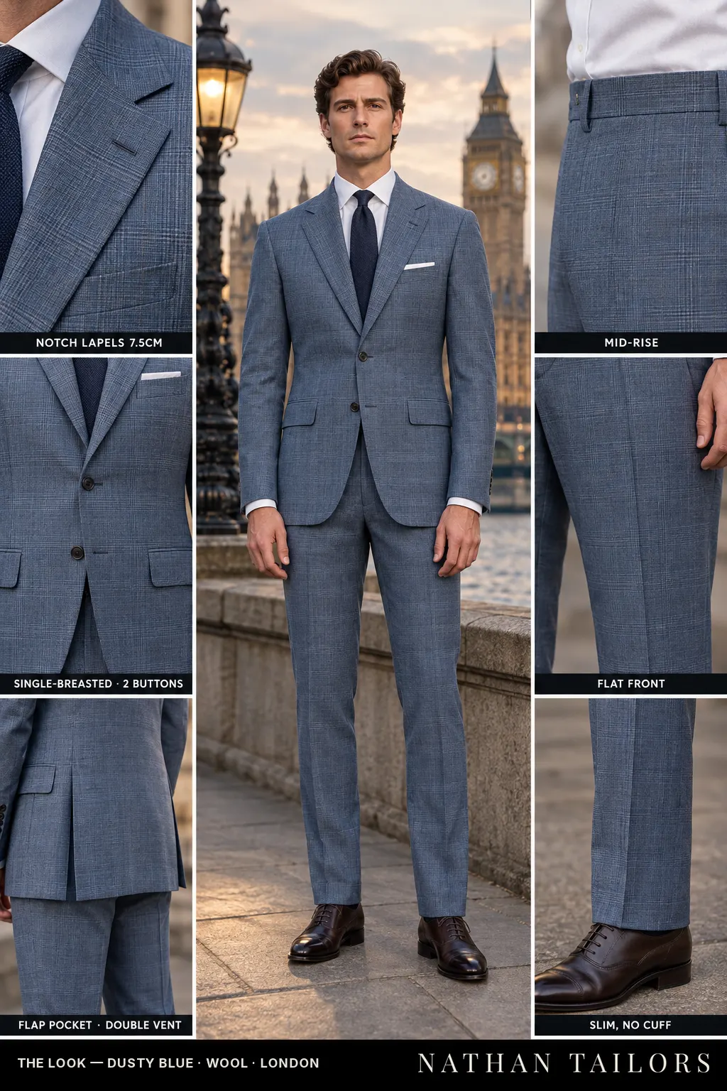 dusty blue glen_plaid single-breasted bespoke suit โ custom tailored by Nathan Tailors, the Hoi An custom tailor