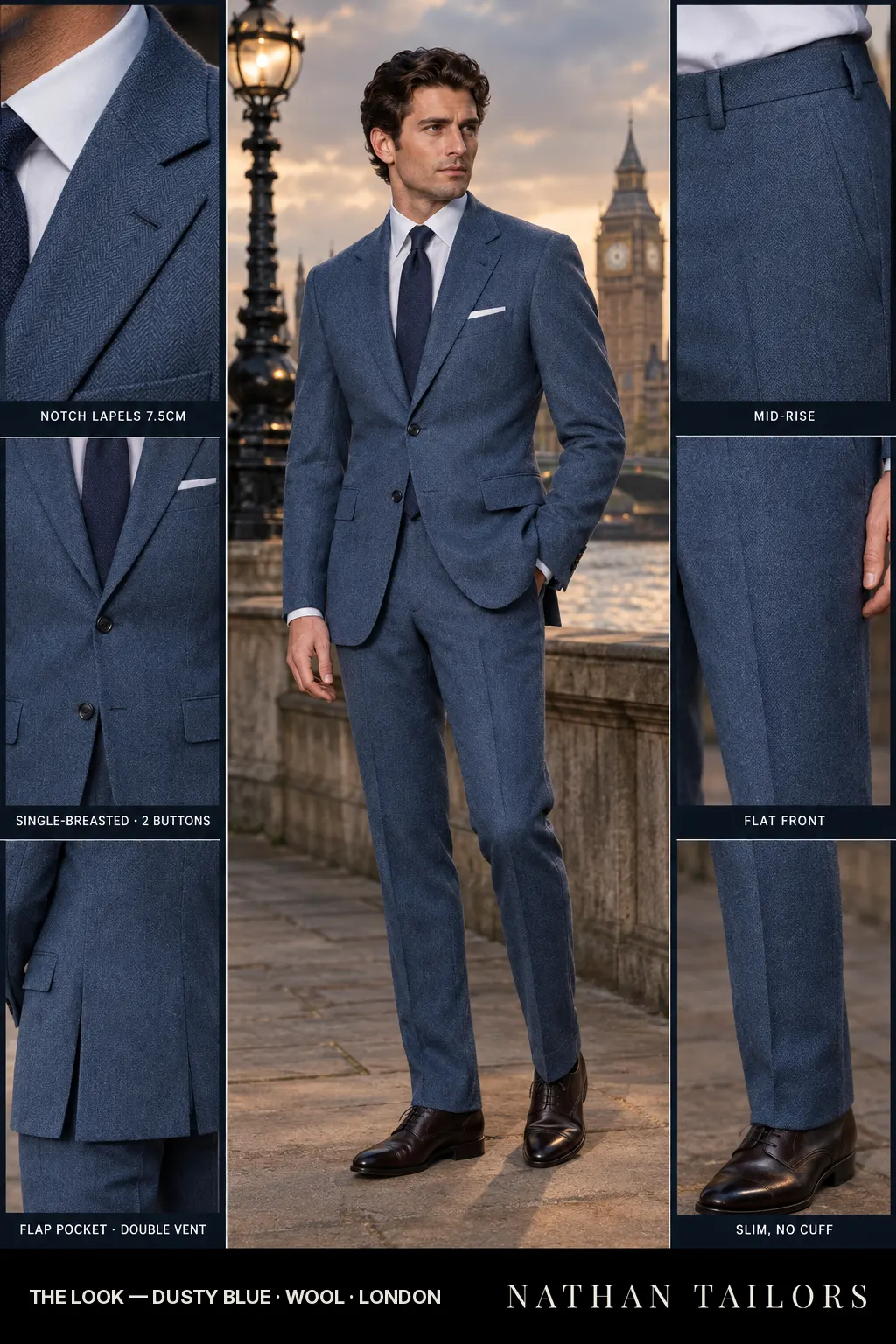 dusty blue herringbone single-breasted bespoke suit โ custom tailored by Nathan Tailors, the Hoi An custom tailor