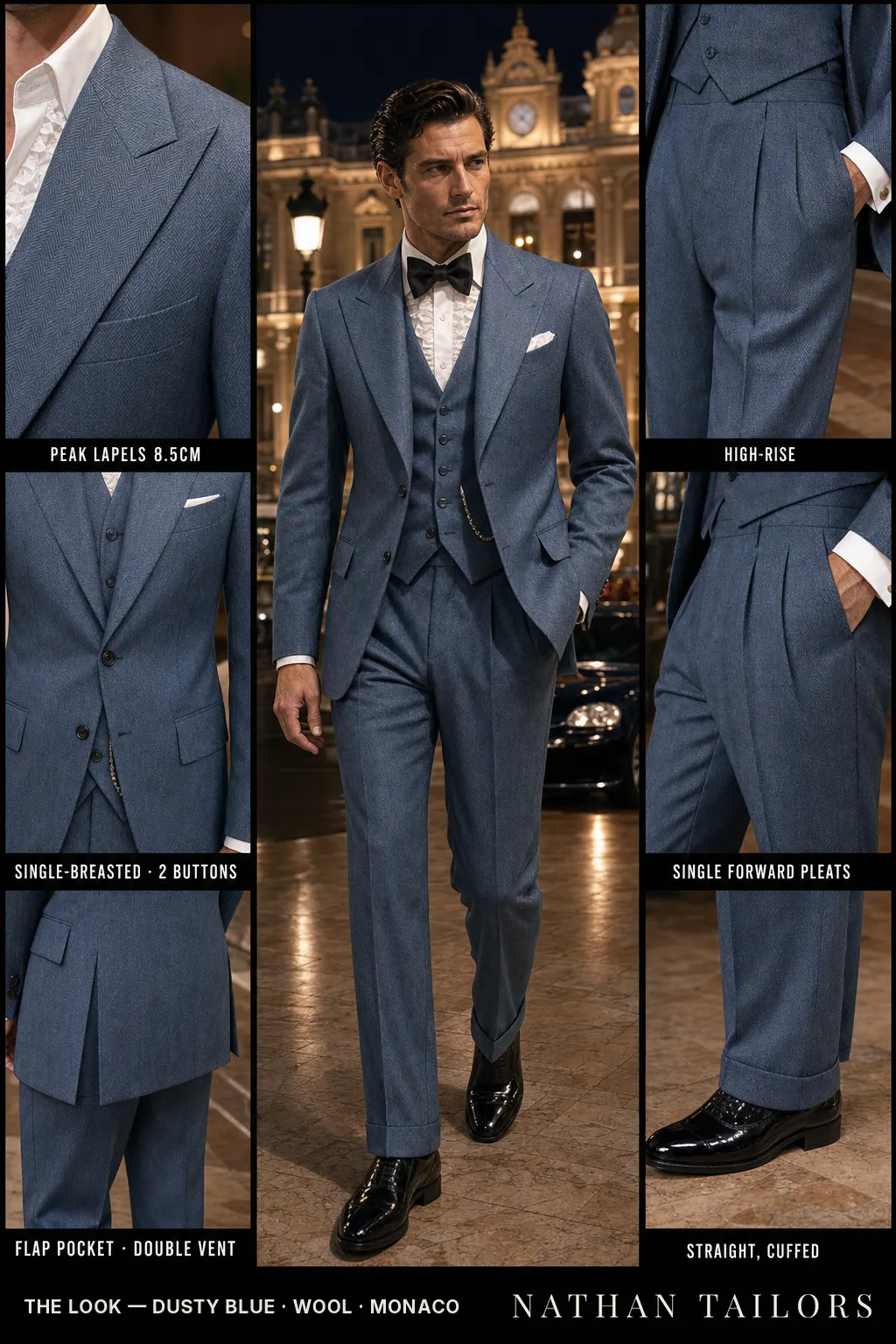 dusty blue herringbone single-breasted peak-lapel bespoke suit — AI-rendered by Nathan Tailors, the Hoi An custom tailor. Available as a custom tailored suit from $149.