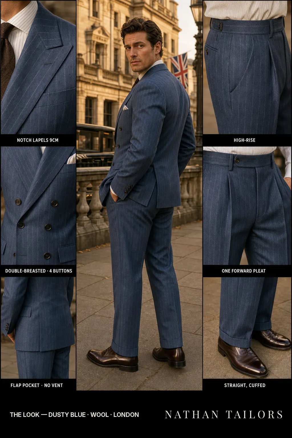 dusty blue pinstripe double-breasted notch-lapel bespoke suit — AI-rendered by Nathan Tailors, the Hoi An custom tailor. Available as a custom tailored suit from $149.