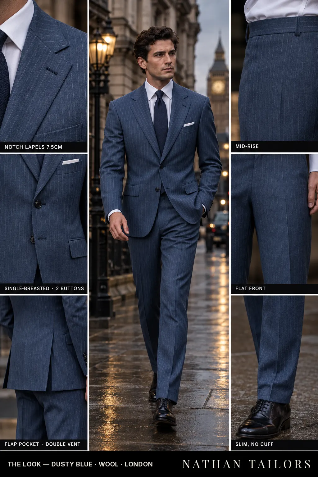 dusty blue pinstripe single-breasted bespoke suit โ custom tailored by Nathan Tailors, the Hoi An custom tailor