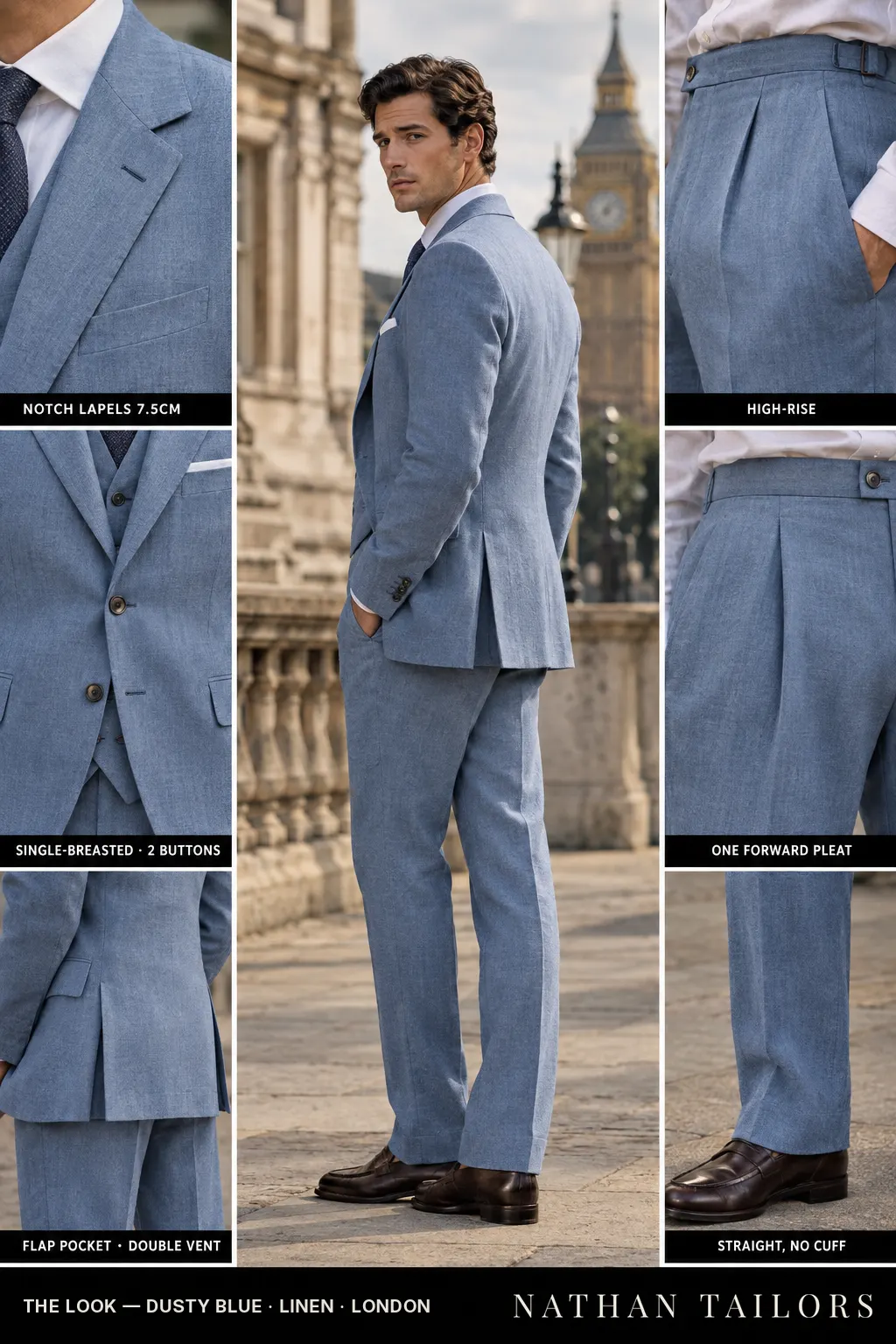 dusty blue single-breasted bespoke suit โ custom tailored by Nathan Tailors, the Hoi An custom tailor
