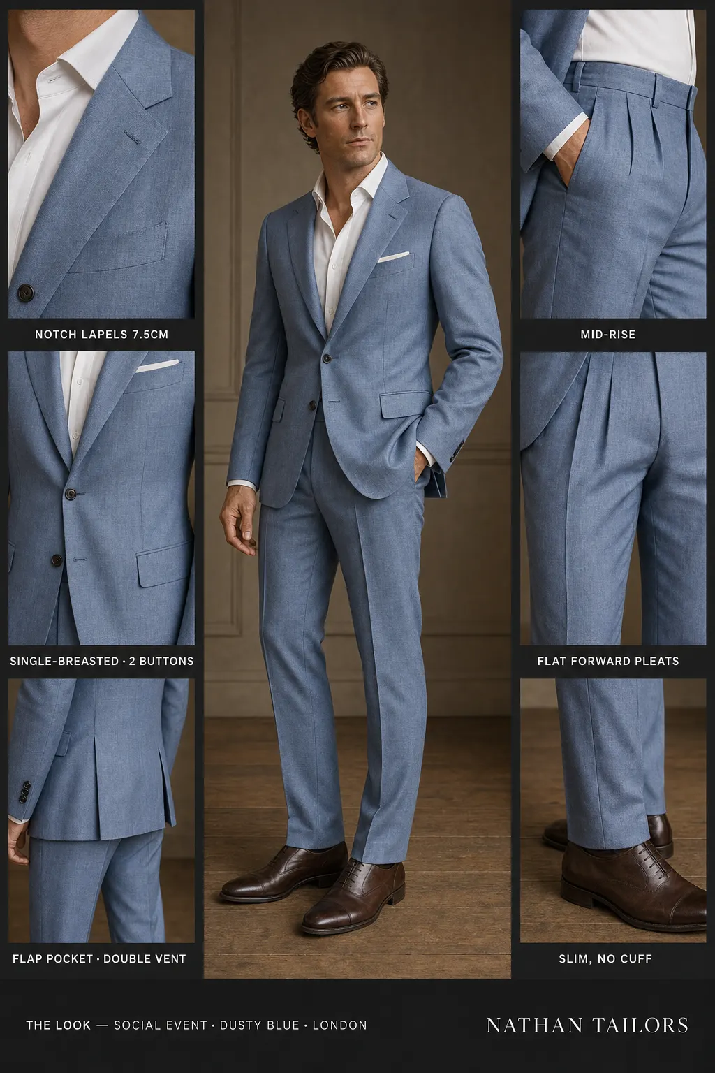 dusty blue single-breasted notch-lapel bespoke suit โ AI-rendered by Nathan Tailors, the Hoi An custom tailor. Available as a custom tailored suit from $149.