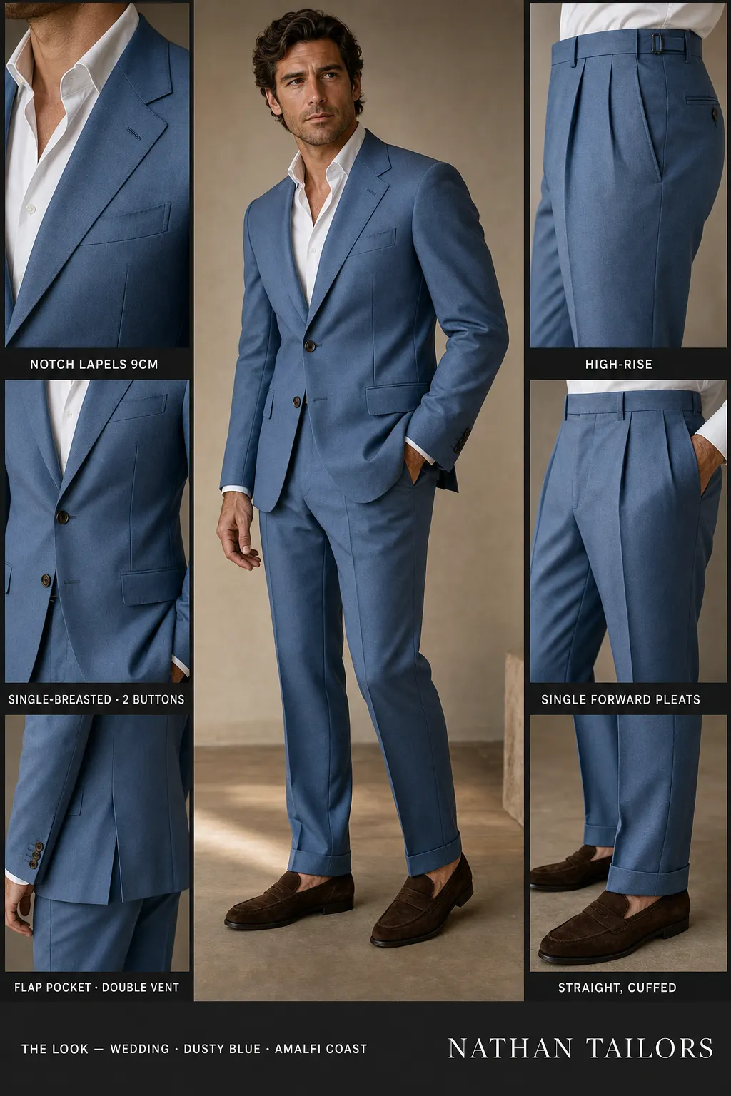 dusty blue single-breasted notch-lapel bespoke suit — AI-rendered by Nathan Tailors, the Hoi An custom tailor. Available as a custom tailored suit from $149.