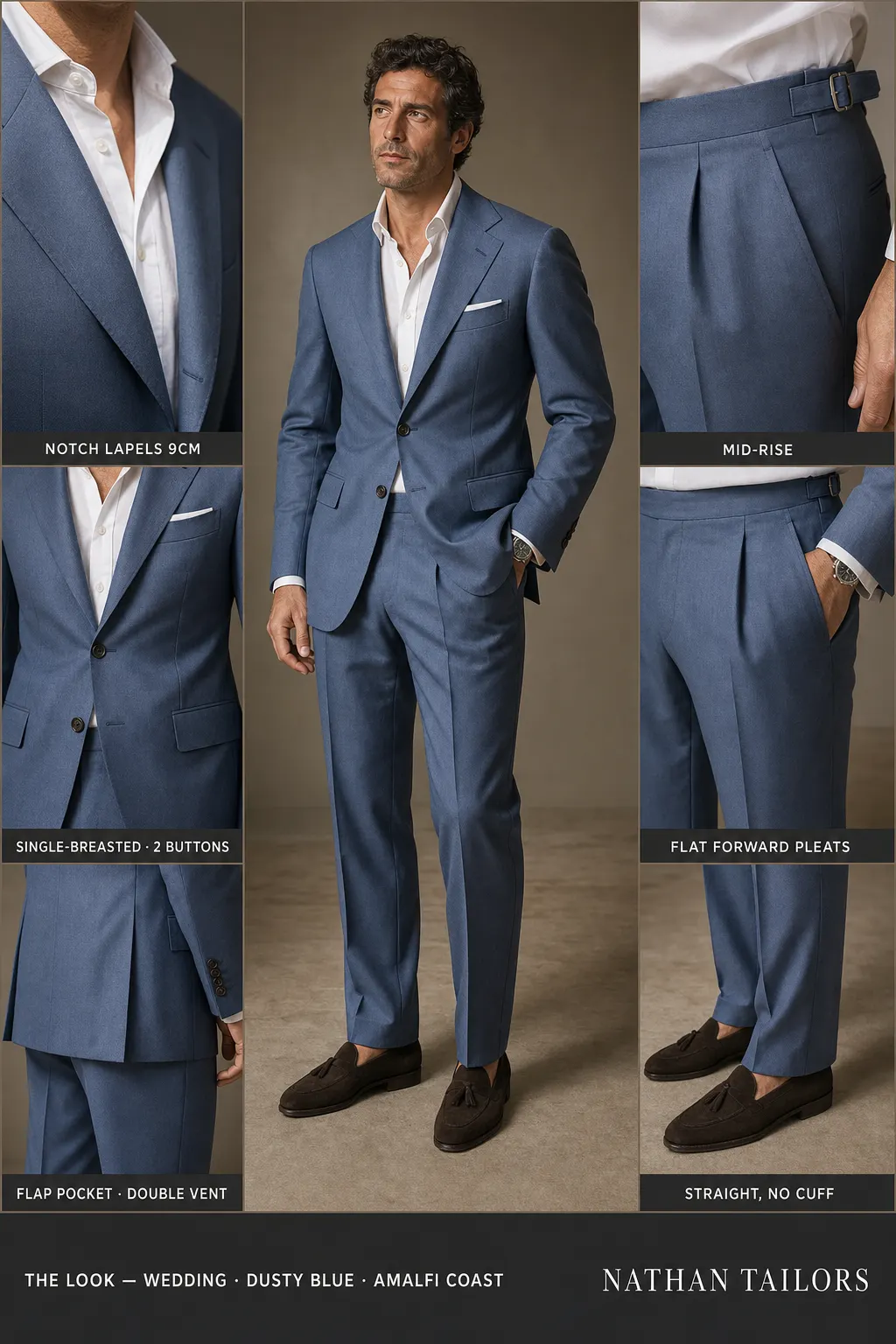 dusty blue single-breasted notch-lapel bespoke suit — AI-rendered by Nathan Tailors, the Hoi An custom tailor. Available as a custom tailored suit from $149.
