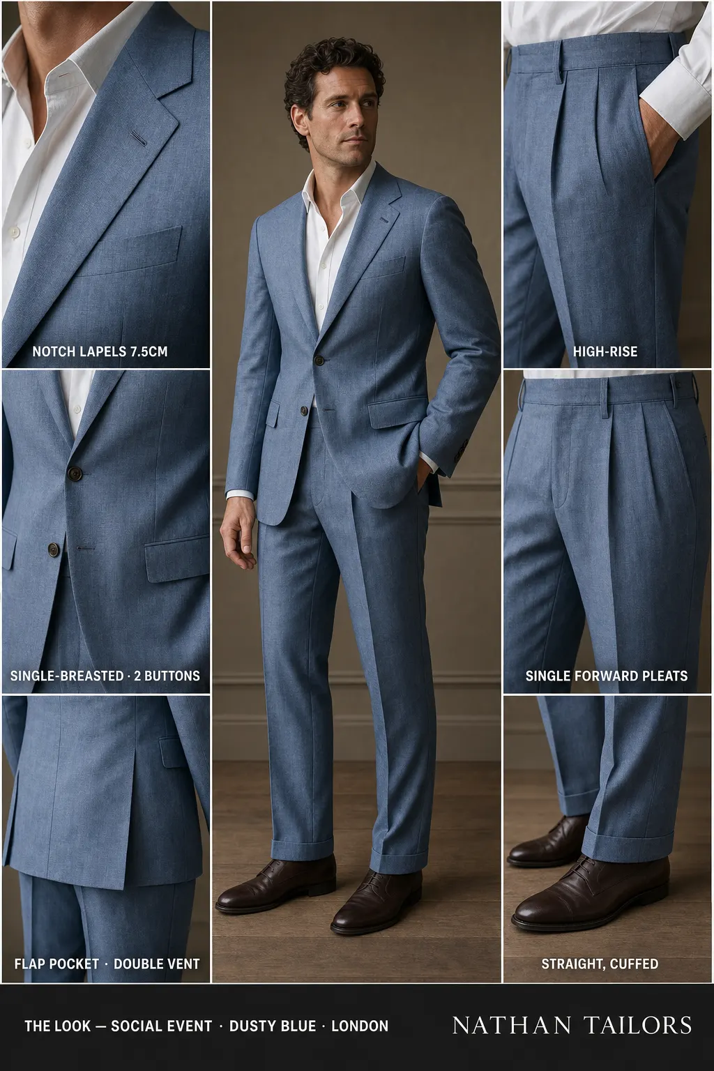 dusty blue single-breasted notch-lapel bespoke suit โ AI-rendered by Nathan Tailors, the Hoi An custom tailor. Available as a custom tailored suit from $149.