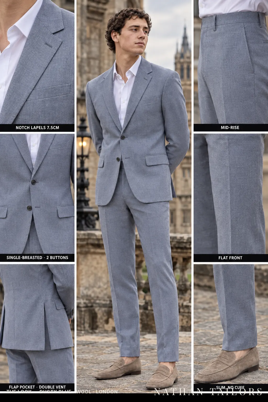 dusty blue single-breasted bespoke suit โ custom tailored by Nathan Tailors, the Hoi An custom tailor