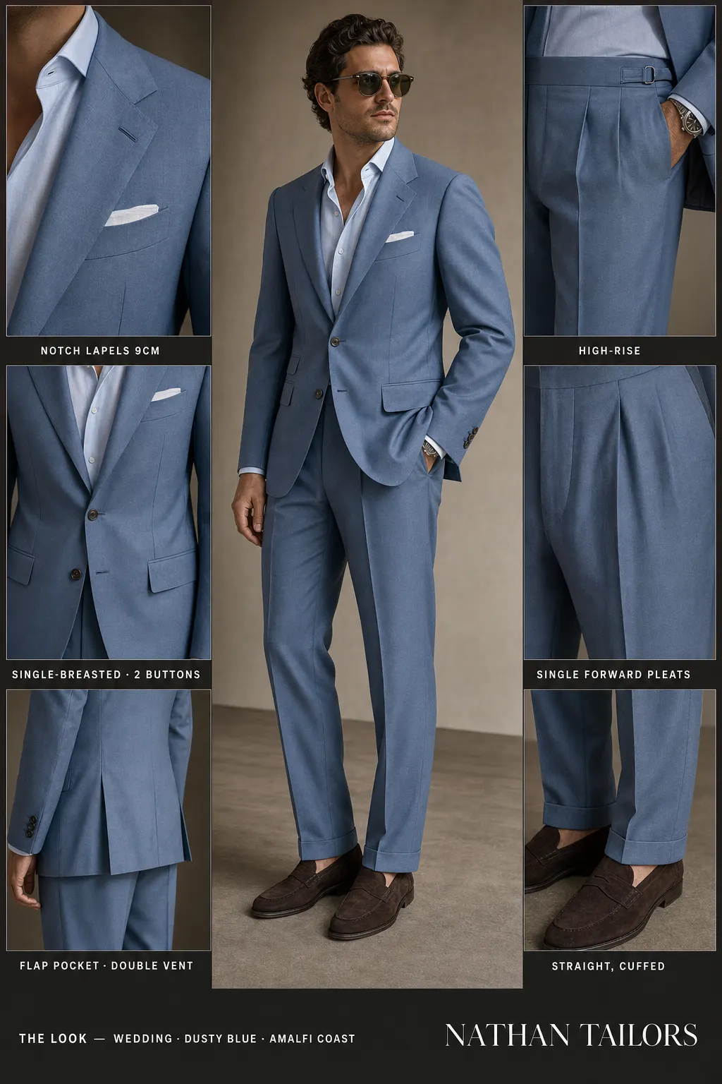 dusty blue single-breasted notch-lapel bespoke suit — AI-rendered by Nathan Tailors, the Hoi An custom tailor. Available as a custom tailored suit from $149.