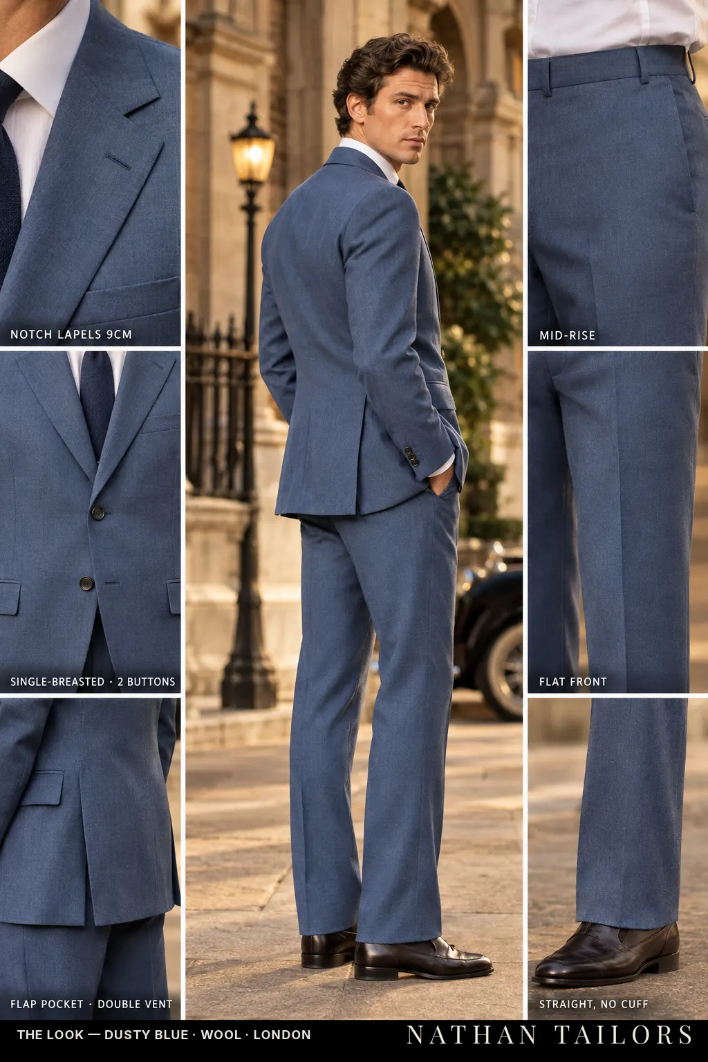 dusty blue single-breasted bespoke suit — custom tailored by Nathan Tailors, the Hoi An custom tailor
