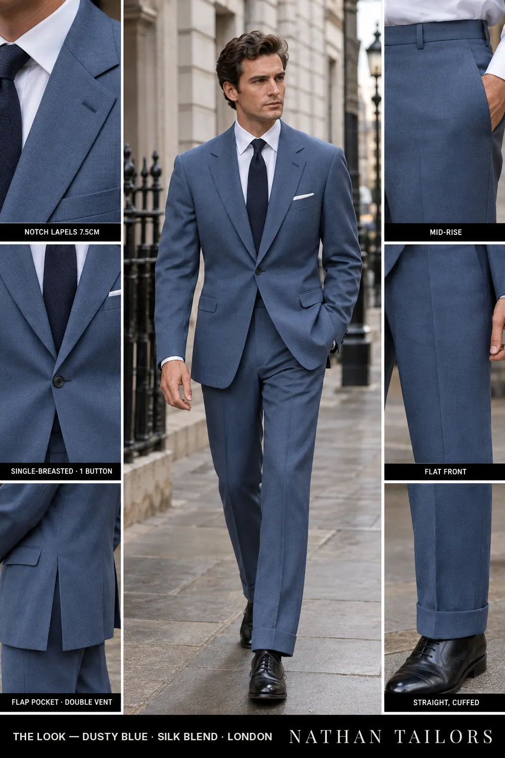 dusty blue single-breasted notch-lapel bespoke suit โ AI-rendered by Nathan Tailors, the Hoi An custom tailor. Available as a custom tailored suit from $149.