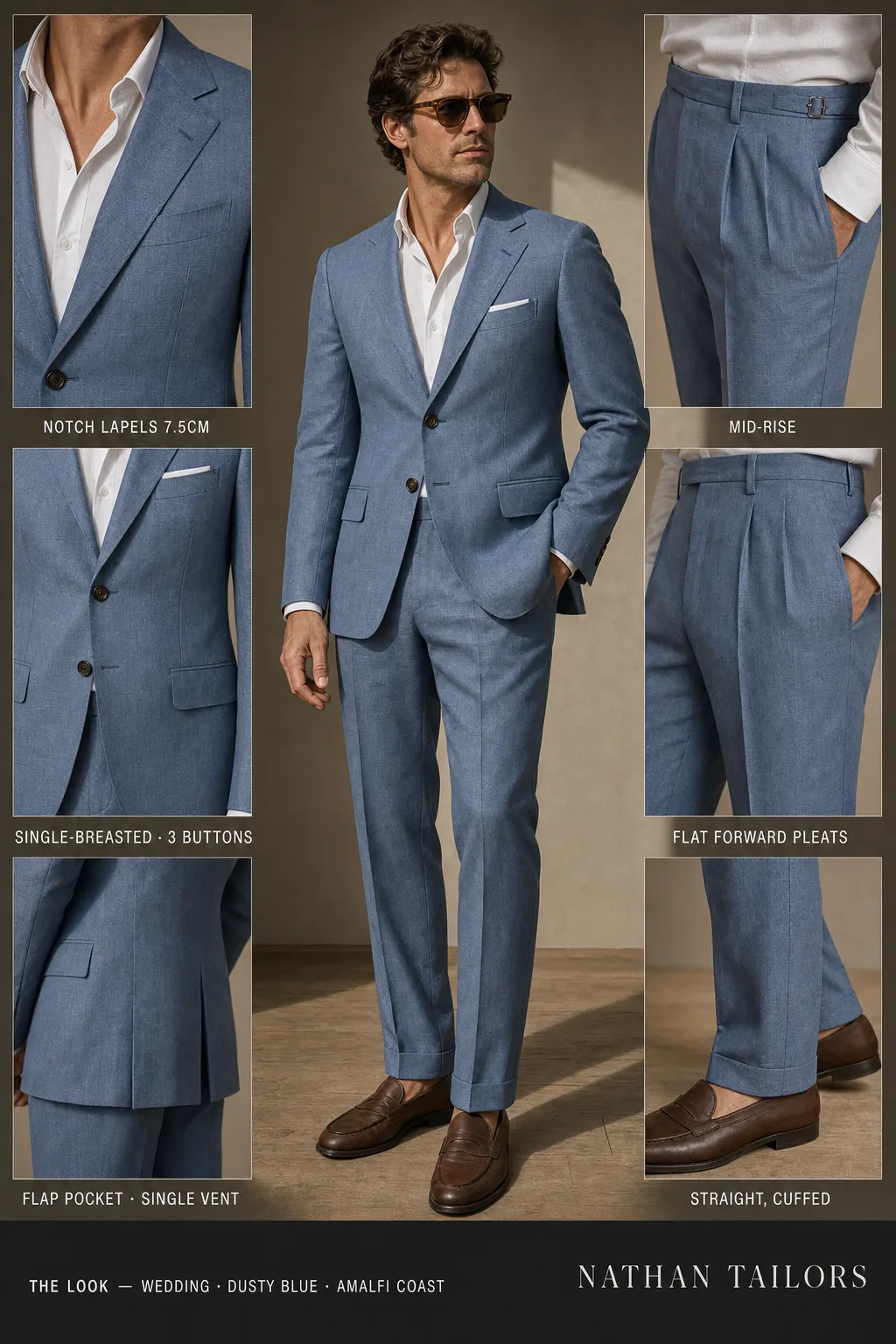 dusty blue single-breasted notch-lapel bespoke suit โ AI-rendered by Nathan Tailors, the Hoi An custom tailor. Available as a custom tailored suit from $149.
