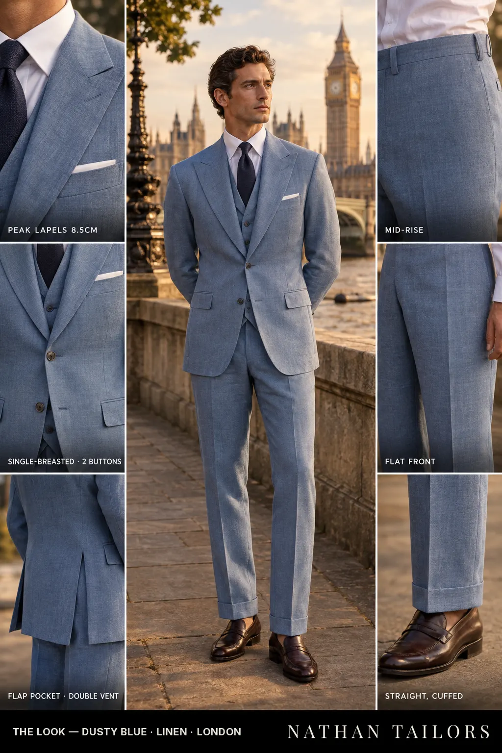 dusty blue single-breasted bespoke suit — custom tailored by Nathan Tailors, the Hoi An custom tailor