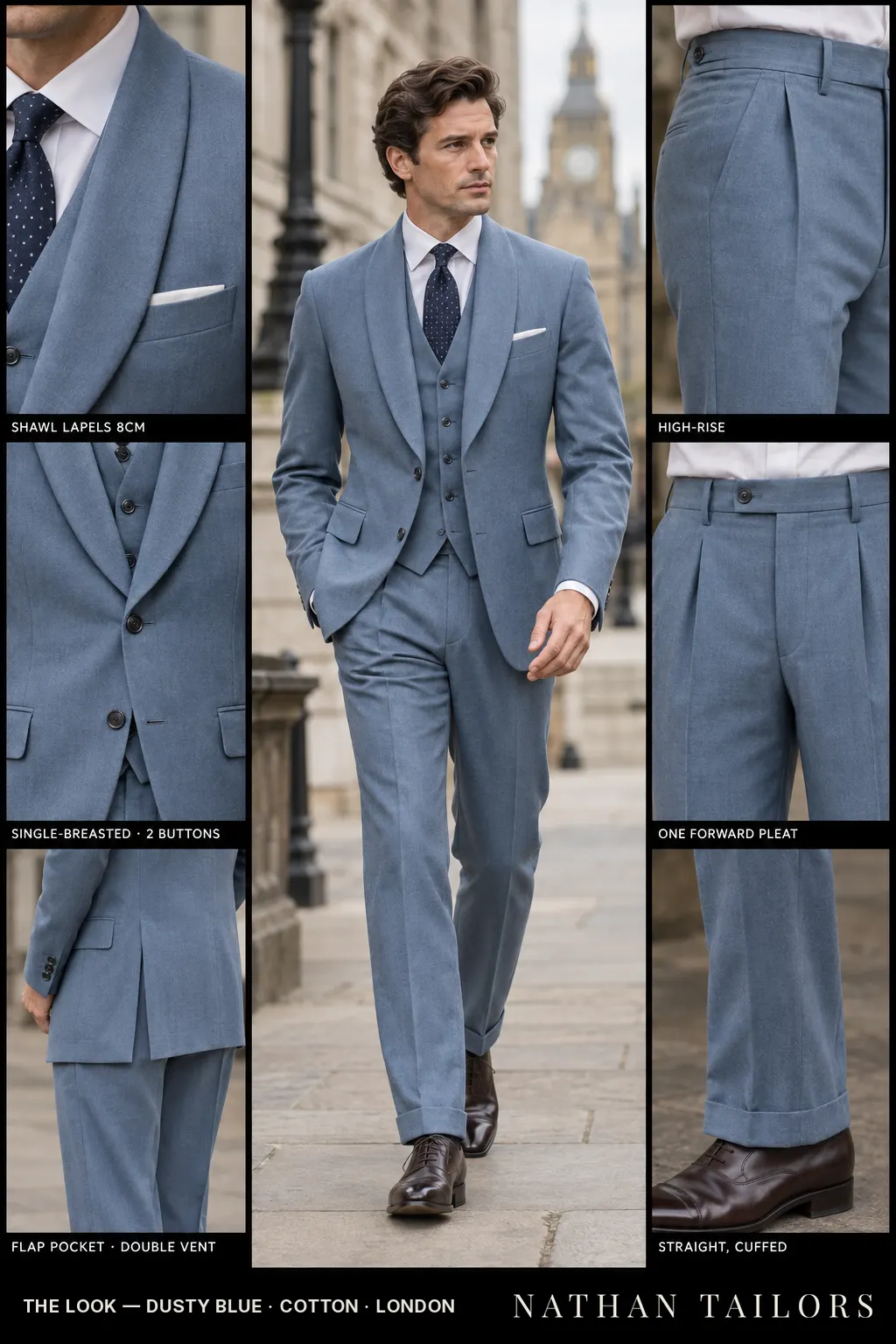 dusty blue single-breasted bespoke suit — custom tailored by Nathan Tailors, the Hoi An custom tailor
