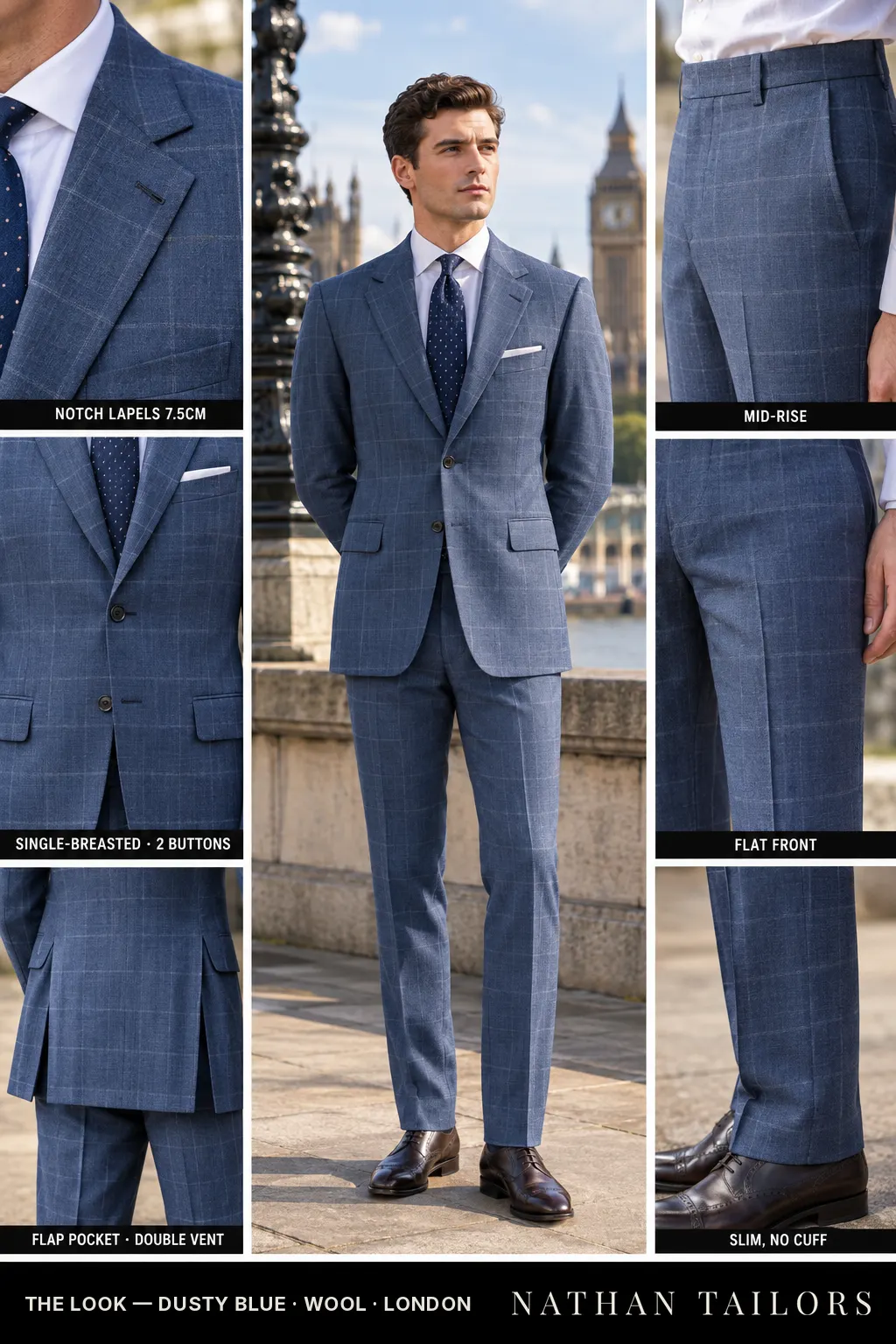 dusty blue windowpane single-breasted bespoke suit — custom tailored by Nathan Tailors, the Hoi An custom tailor