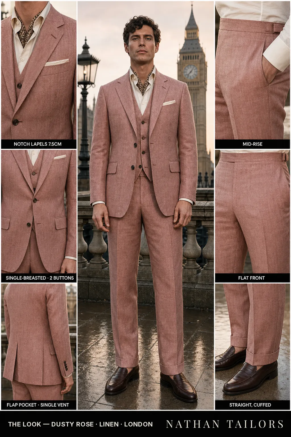 dusty rose herringbone single-breasted notch-lapel bespoke suit — AI-rendered by Nathan Tailors, the Hoi An custom tailor. Available as a custom tailored suit from $149.