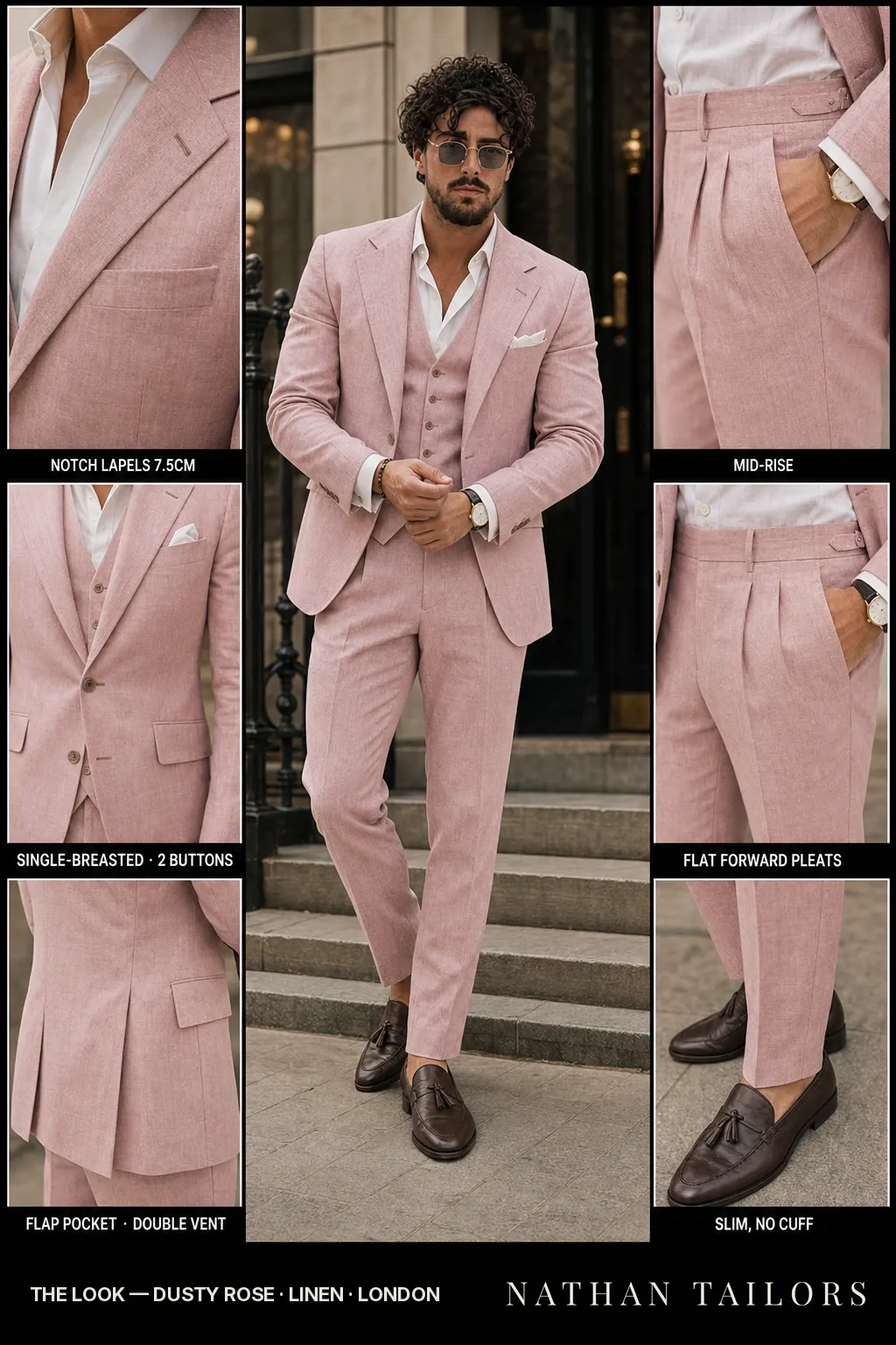 dusty rose single-breasted notch-lapel bespoke suit — AI-rendered by Nathan Tailors, the Hoi An custom tailor. Available as a custom tailored suit from $149.