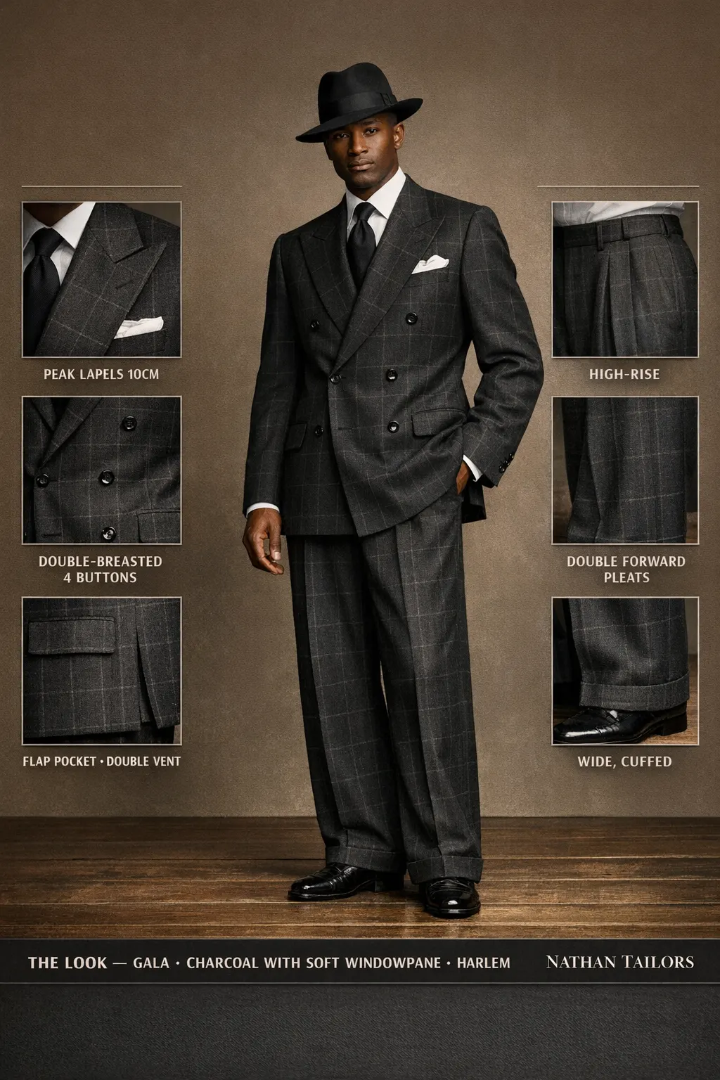 charcoal with soft windowpane windowpane double-breasted peak-lapel bespoke suit — AI-rendered by Nathan Tailors, the Hoi An custom tailor. Available as a custom tailored suit from $149.