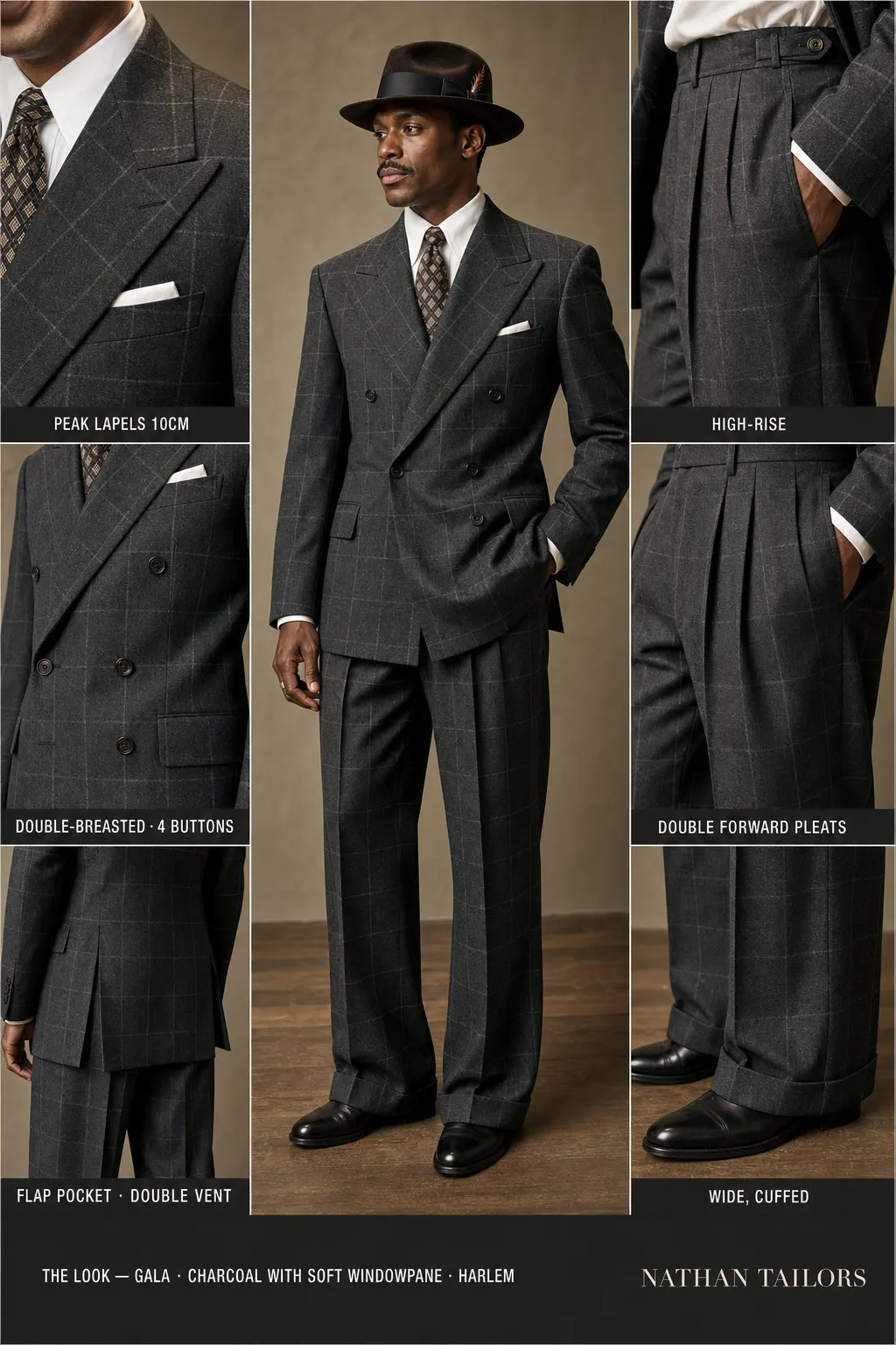 charcoal with soft windowpane windowpane double-breasted peak-lapel bespoke suit — AI-rendered by Nathan Tailors, the Hoi An custom tailor. Available as a custom tailored suit from $149.