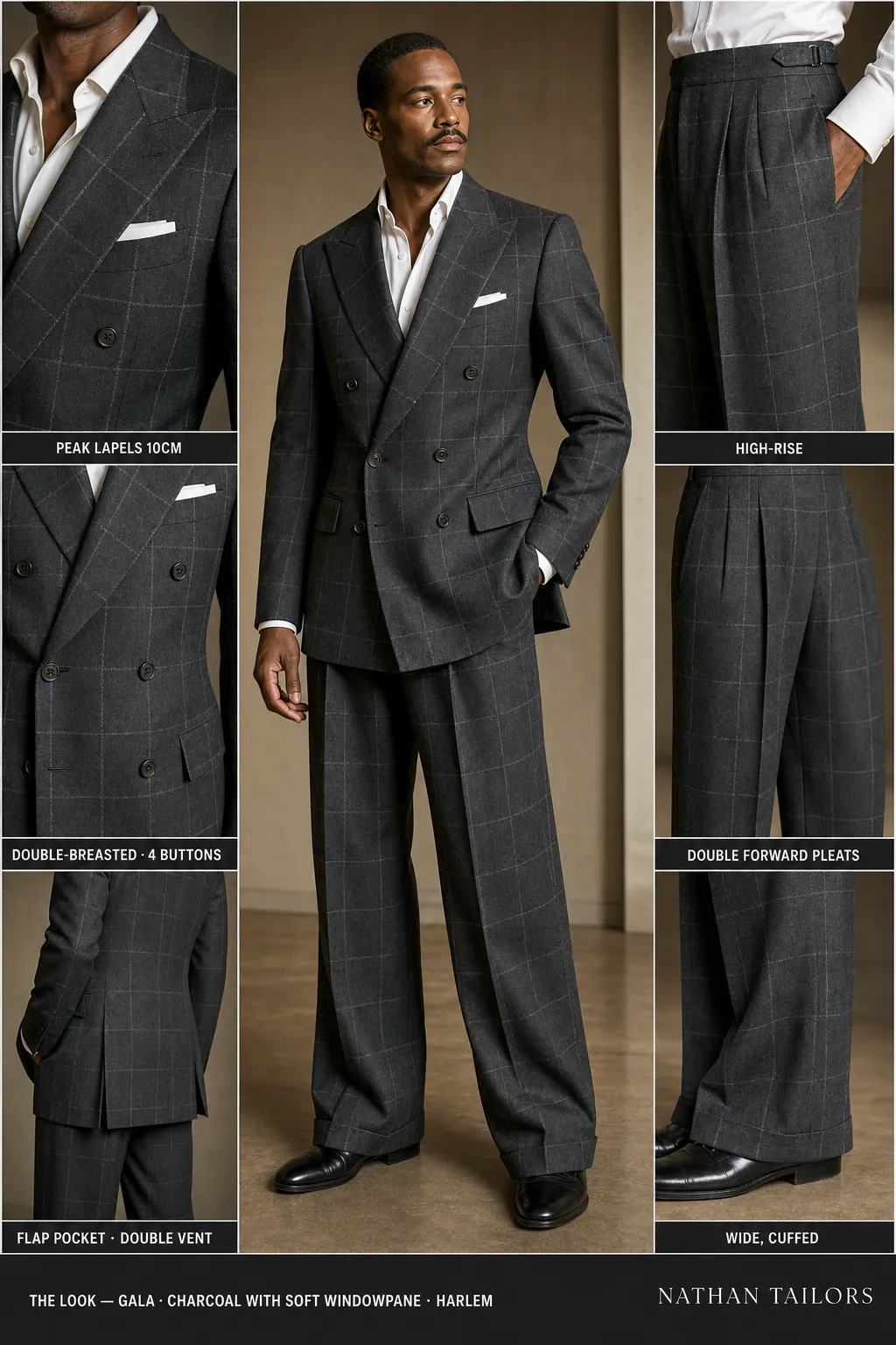 charcoal with soft windowpane windowpane double-breasted peak-lapel bespoke suit — AI-rendered by Nathan Tailors, the Hoi An custom tailor. Available as a custom tailored suit from $149.