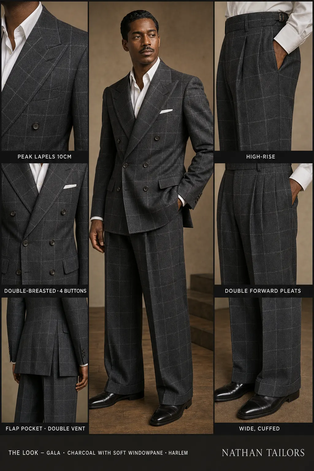 charcoal with soft windowpane windowpane double-breasted peak-lapel bespoke suit — AI-rendered by Nathan Tailors, the Hoi An custom tailor. Available as a custom tailored suit from $149.