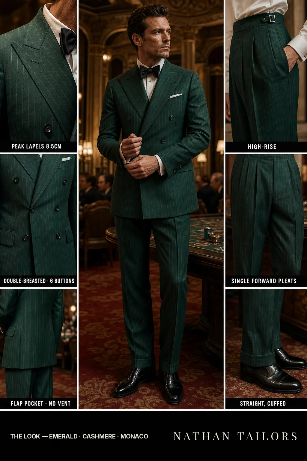 emerald chalk stripe double-breasted peak-lapel bespoke suit โ AI-rendered by Nathan Tailors, the Hoi An custom tailor. Available as a custom tailored suit from $149.