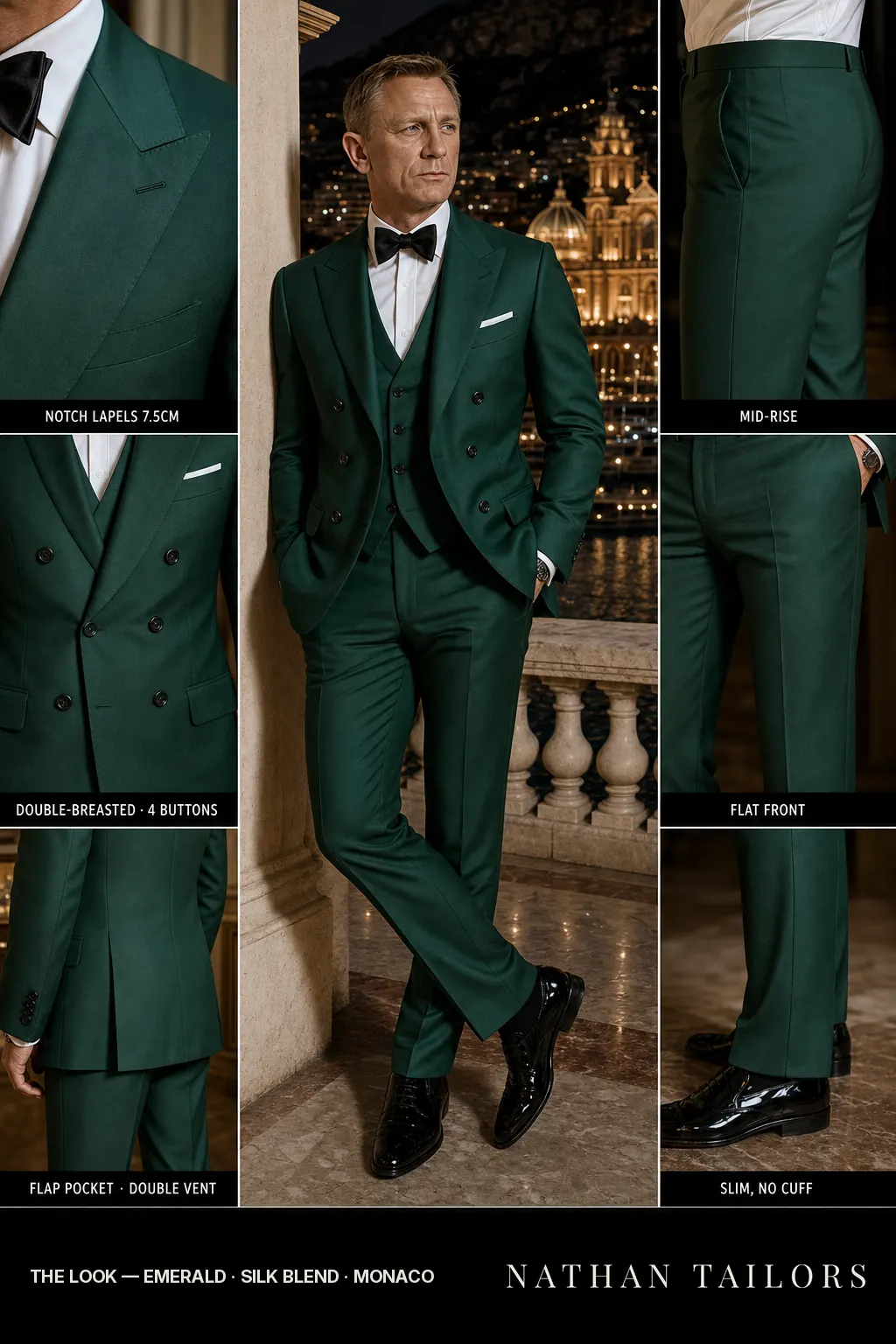 emerald double-breasted notch-lapel bespoke suit — AI-rendered by Nathan Tailors, the Hoi An custom tailor. Available as a custom tailored suit from $149.