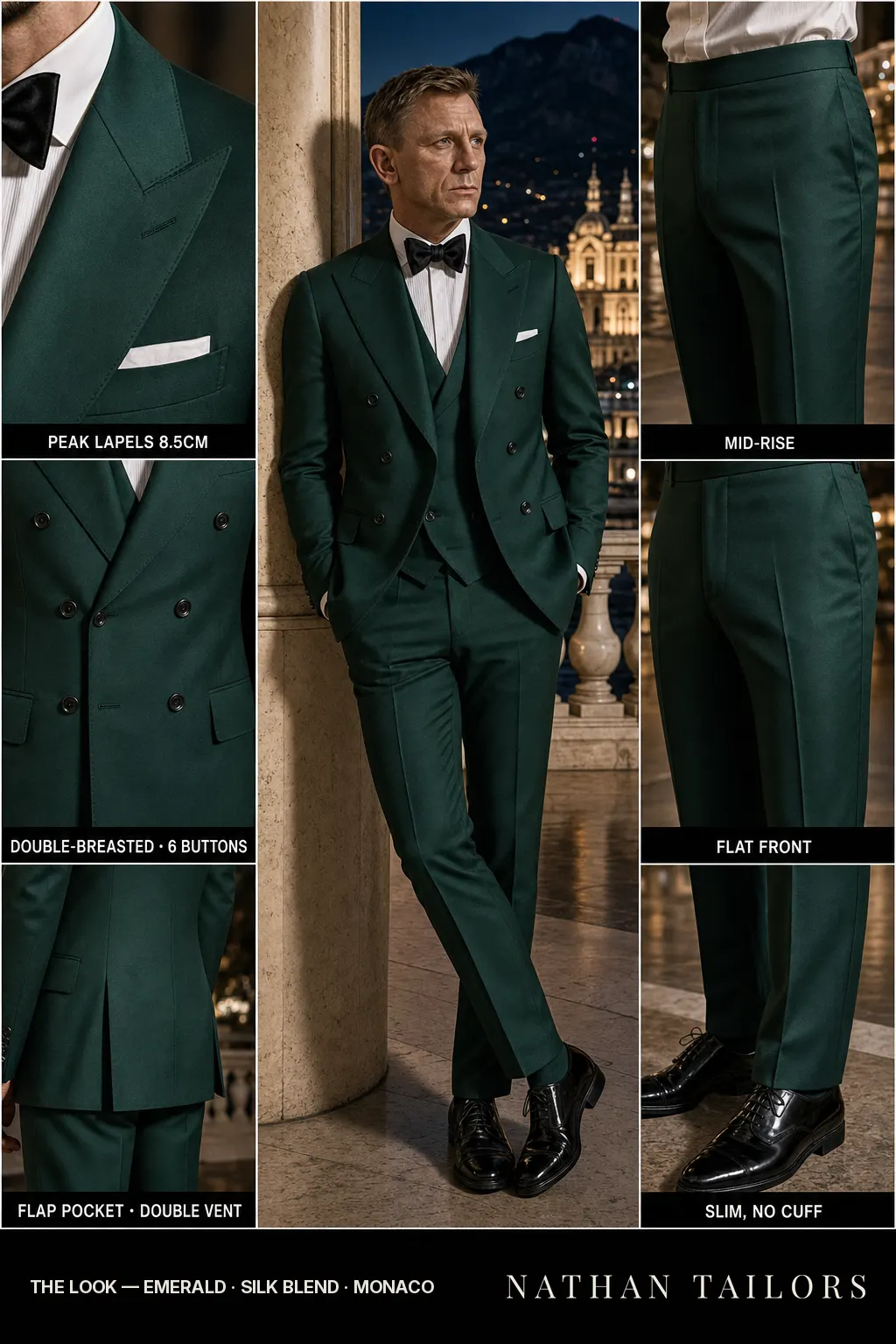 emerald double-breasted bespoke suit — custom tailored by Nathan Tailors, the Hoi An custom tailor
