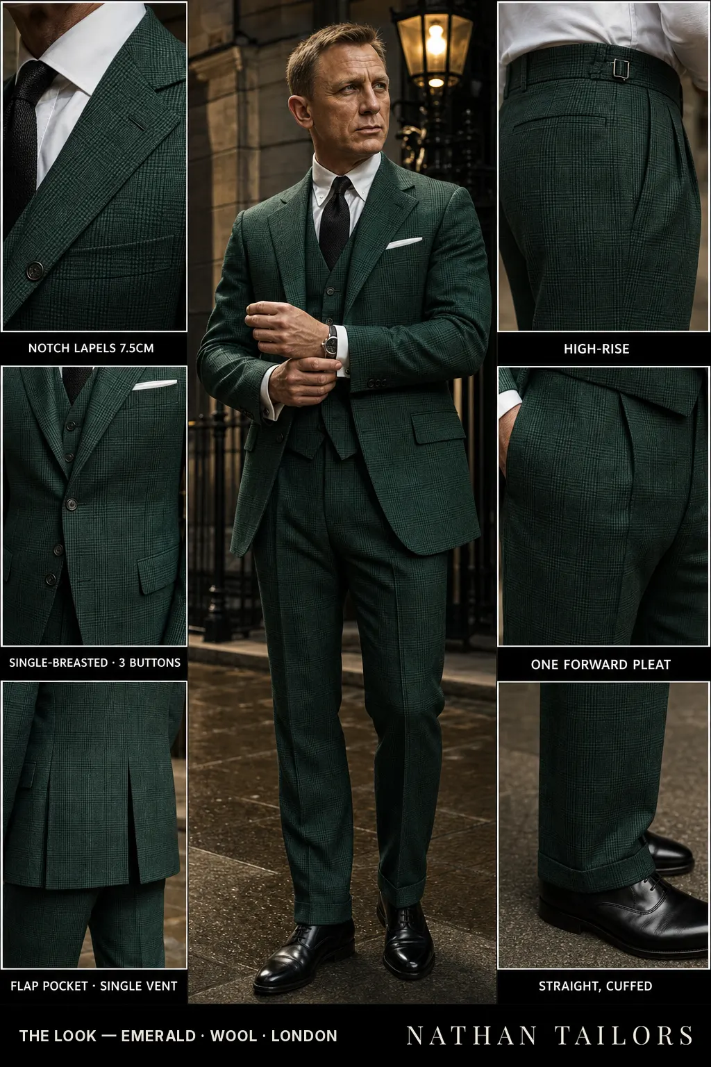 emerald glen plaid single-breasted notch-lapel bespoke suit โ AI-rendered by Nathan Tailors, the Hoi An custom tailor. Available as a custom tailored suit from $149.