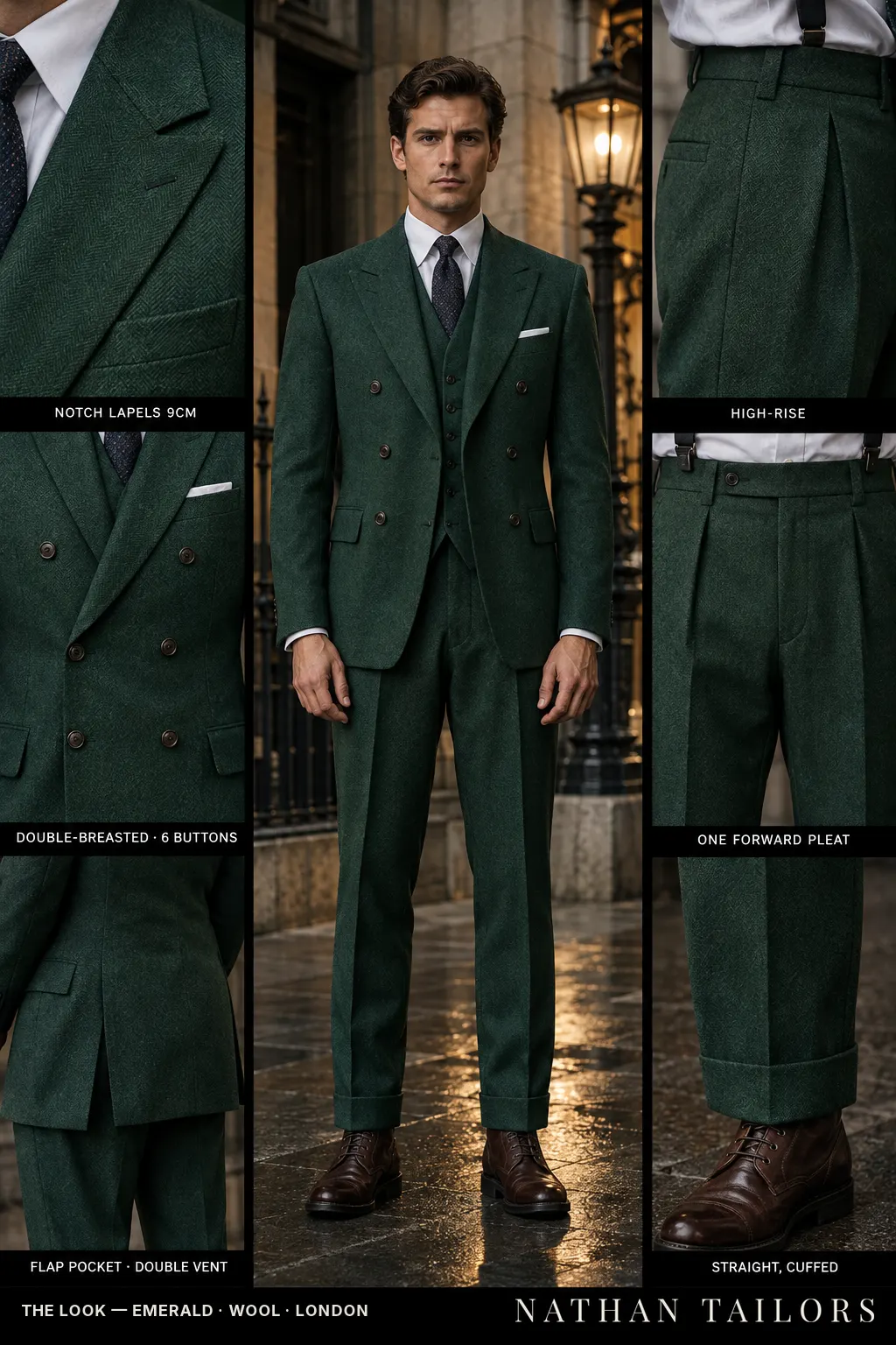emerald herringbone double-breasted notch-lapel bespoke suit — AI-rendered by Nathan Tailors, the Hoi An custom tailor. Available as a custom tailored suit from $149.