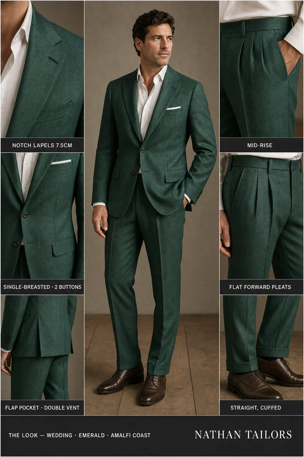emerald herringbone single-breasted notch-lapel bespoke suit โ AI-rendered by Nathan Tailors, the Hoi An custom tailor. Available as a custom tailored suit from $149.
