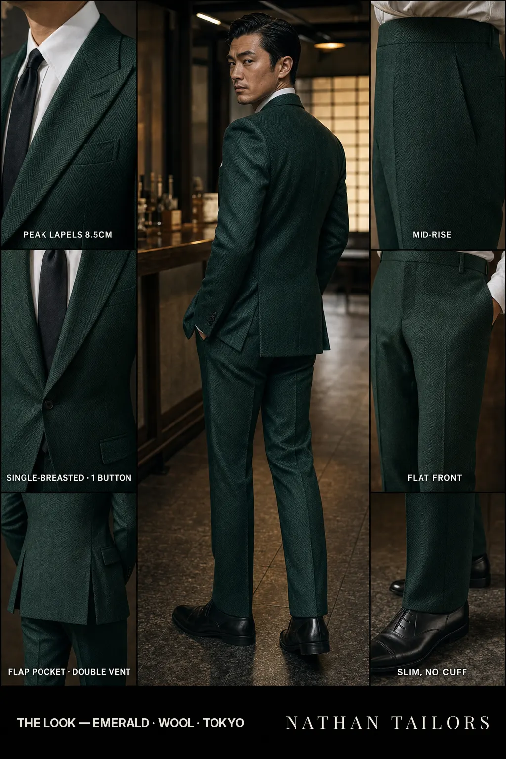 emerald herringbone single-breasted peak-lapel bespoke suit — AI-rendered by Nathan Tailors, the Hoi An custom tailor. Available as a custom tailored suit from $149.