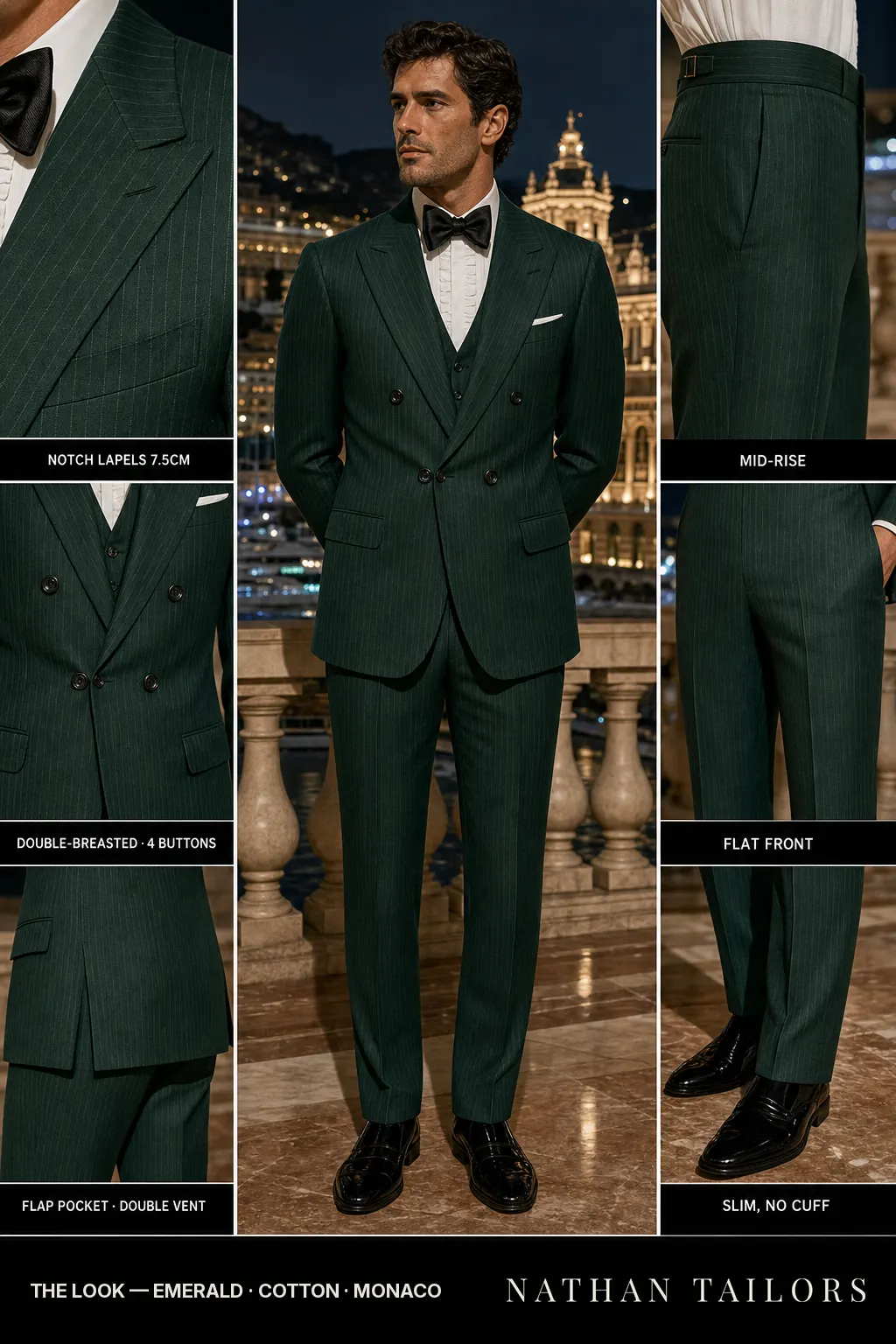 emerald pinstripe double-breasted bespoke suit — custom tailored by Nathan Tailors, the Hoi An custom tailor
