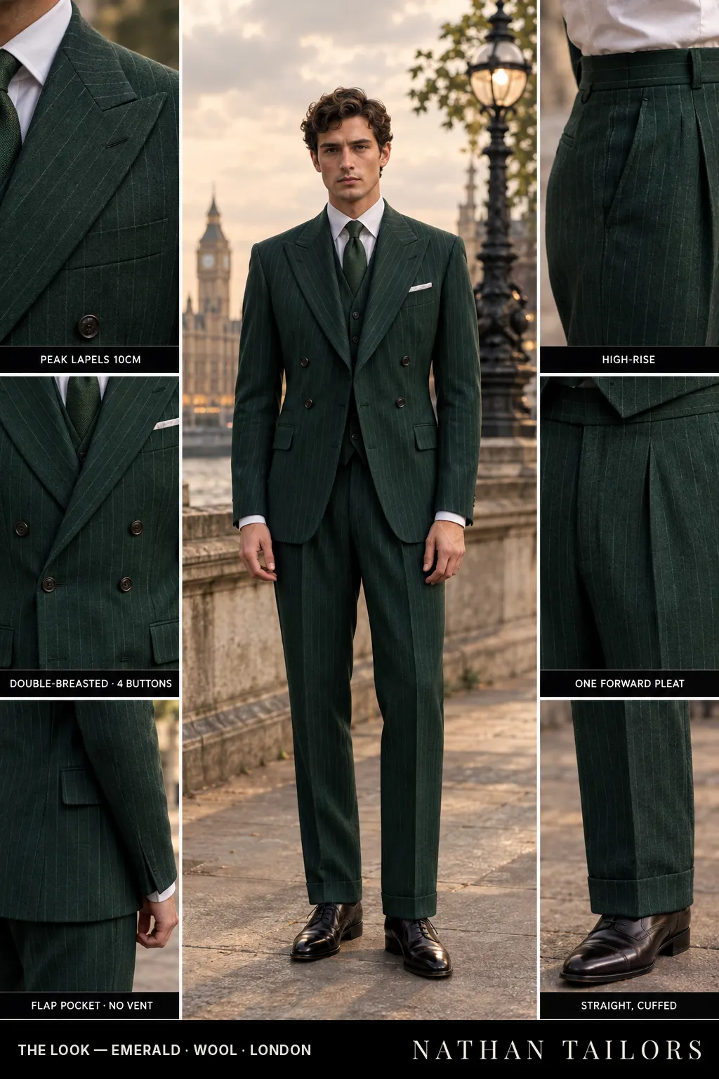 emerald pinstripe double-breasted bespoke suit — custom tailored by Nathan Tailors, the Hoi An custom tailor