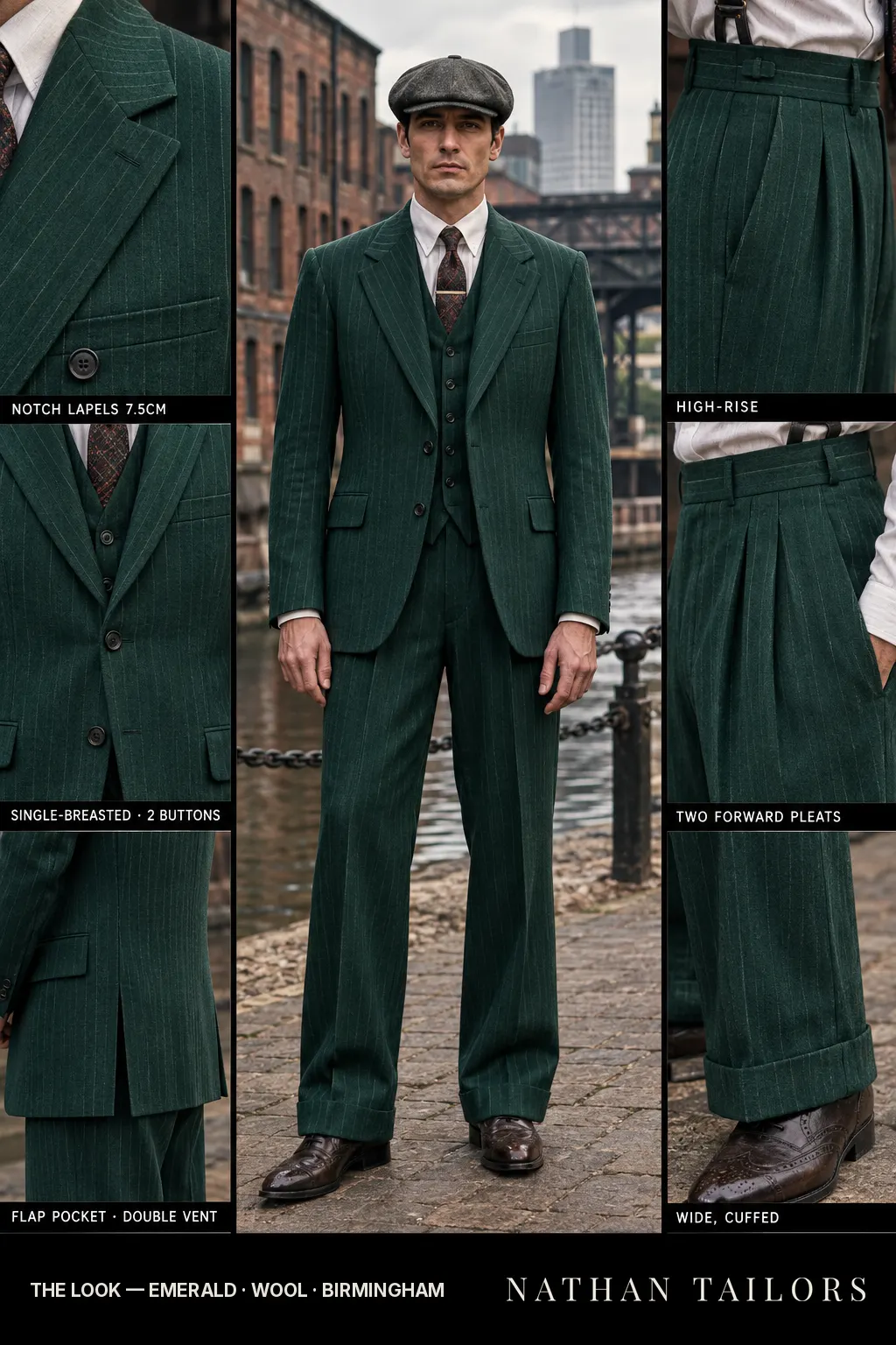 emerald pinstripe single-breasted bespoke suit — custom tailored by Nathan Tailors, the Hoi An custom tailor