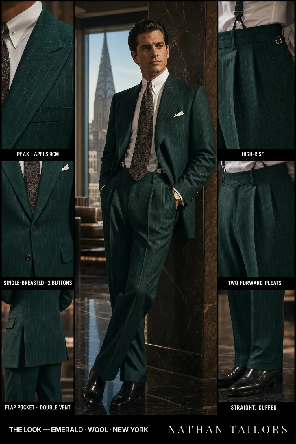 emerald pinstripe single-breasted bespoke suit — custom tailored by Nathan Tailors, the Hoi An custom tailor