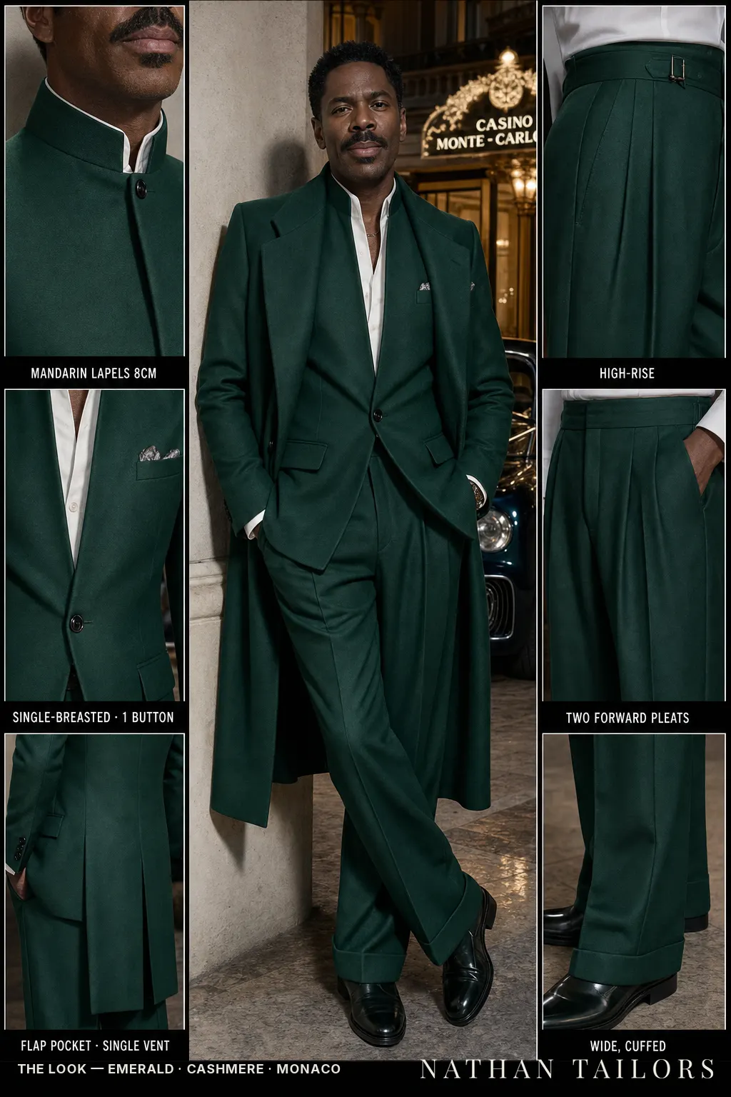 emerald single-breasted mandarin-lapel bespoke suit โ AI-rendered by Nathan Tailors, the Hoi An custom tailor. Available as a custom tailored suit from $149.