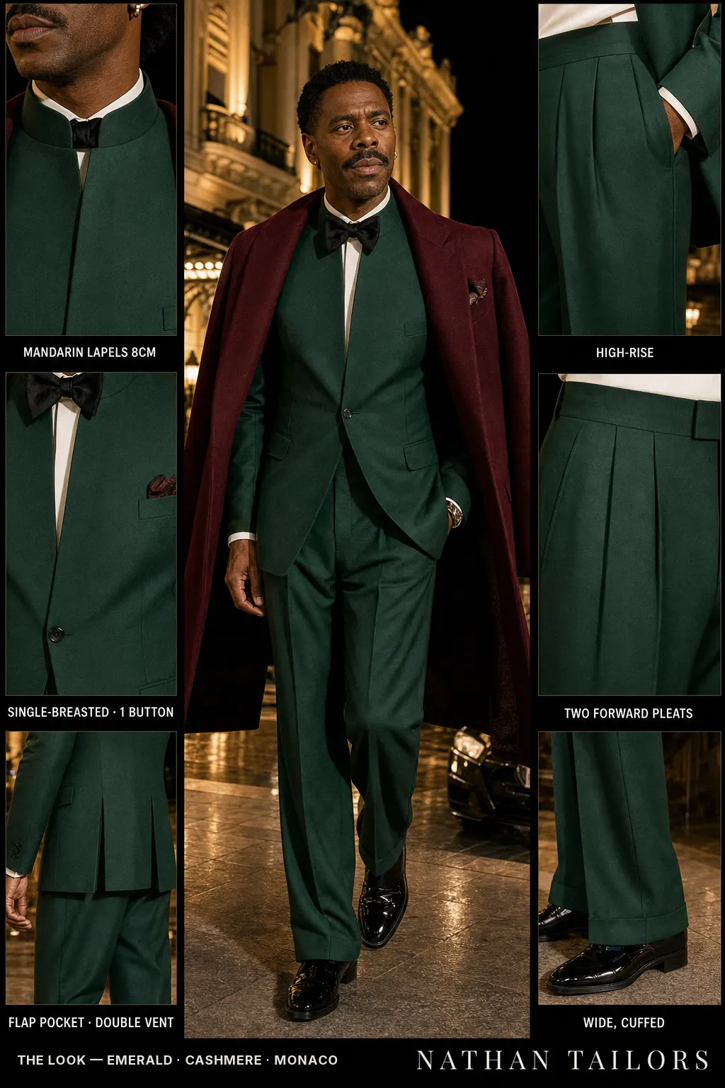emerald single-breasted mandarin-lapel bespoke suit โ AI-rendered by Nathan Tailors, the Hoi An custom tailor. Available as a custom tailored suit from $149.