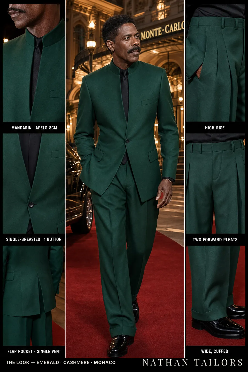 emerald single-breasted mandarin-lapel bespoke suit — AI-rendered by Nathan Tailors, the Hoi An custom tailor. Available as a custom tailored suit from $149.