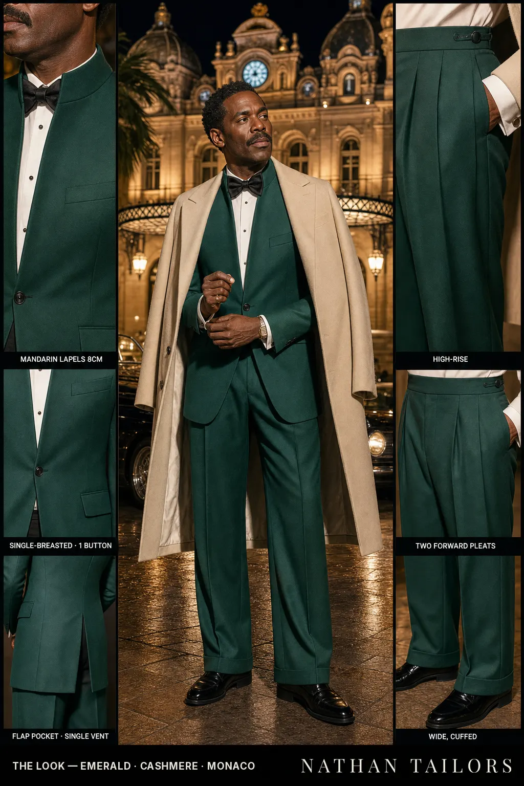 emerald single-breasted mandarin-lapel bespoke suit โ AI-rendered by Nathan Tailors, the Hoi An custom tailor. Available as a custom tailored suit from $149.