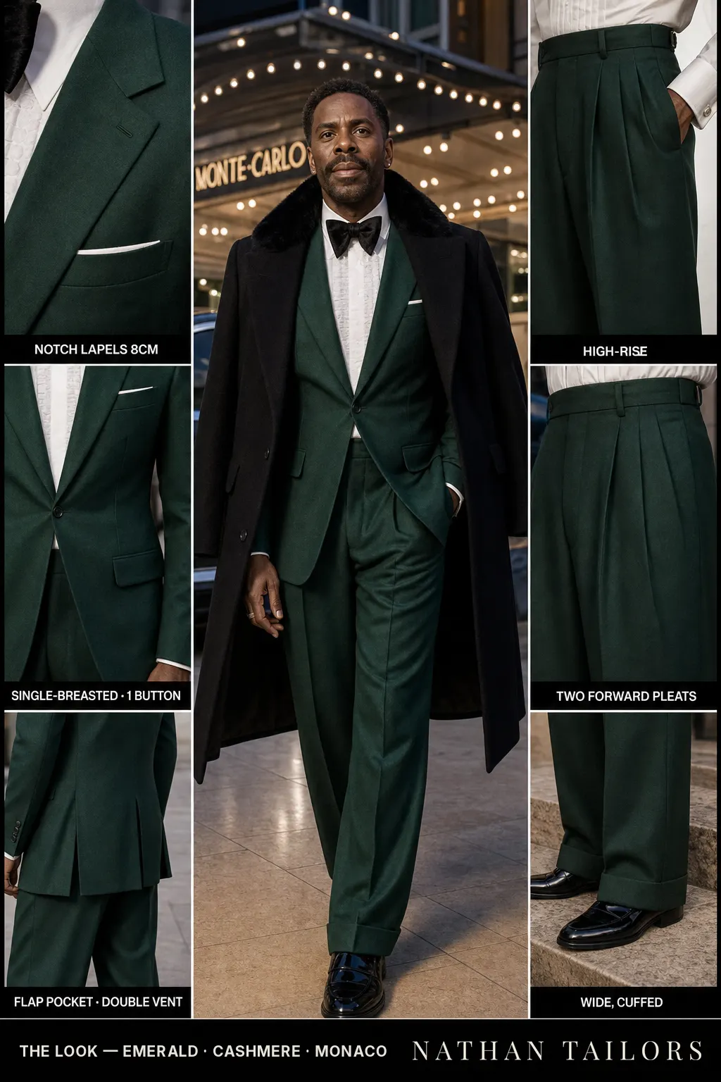 emerald single-breasted notch-lapel bespoke suit โ AI-rendered by Nathan Tailors, the Hoi An custom tailor. Available as a custom tailored suit from $149.
