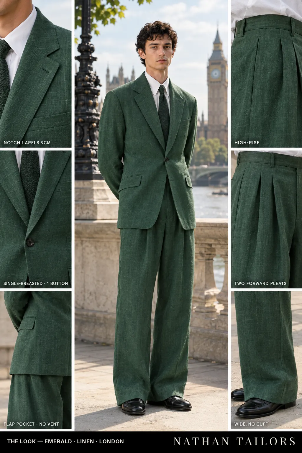 emerald single-breasted bespoke suit — custom tailored by Nathan Tailors, the Hoi An custom tailor