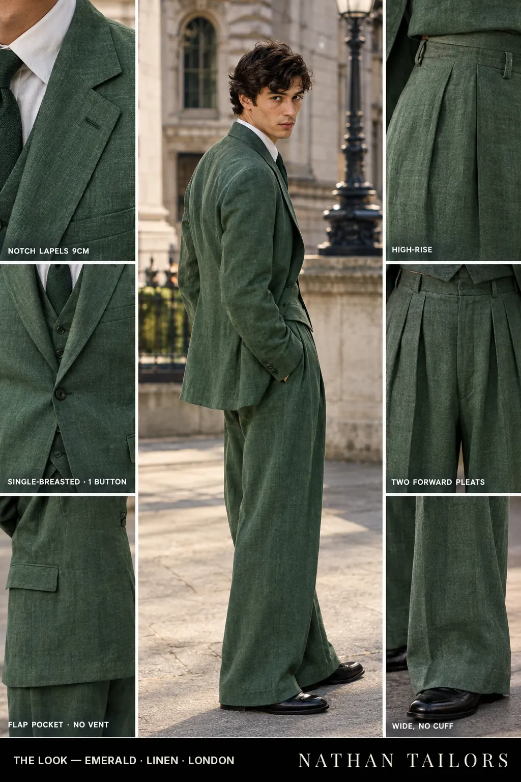emerald single-breasted bespoke suit — custom tailored by Nathan Tailors, the Hoi An custom tailor