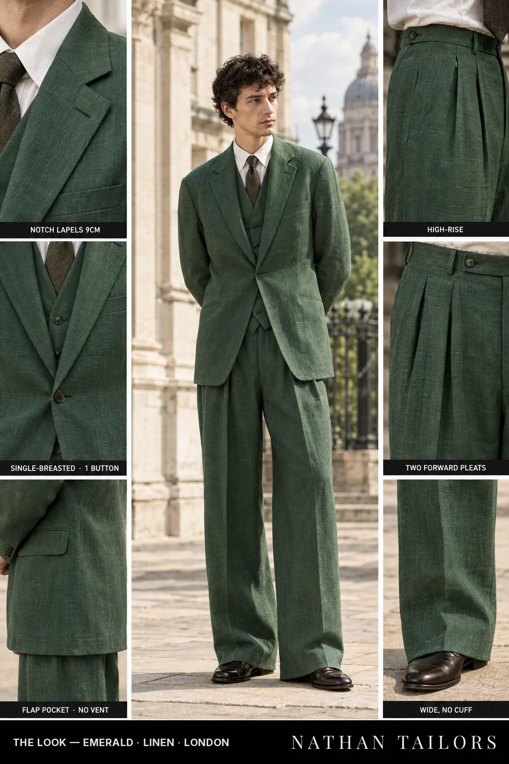 emerald single-breasted bespoke suit — custom tailored by Nathan Tailors, the Hoi An custom tailor