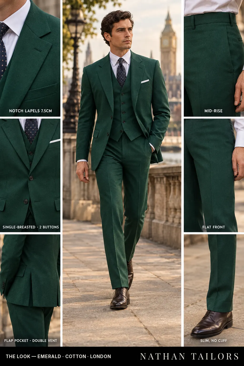 emerald single-breasted bespoke suit — custom tailored by Nathan Tailors, the Hoi An custom tailor