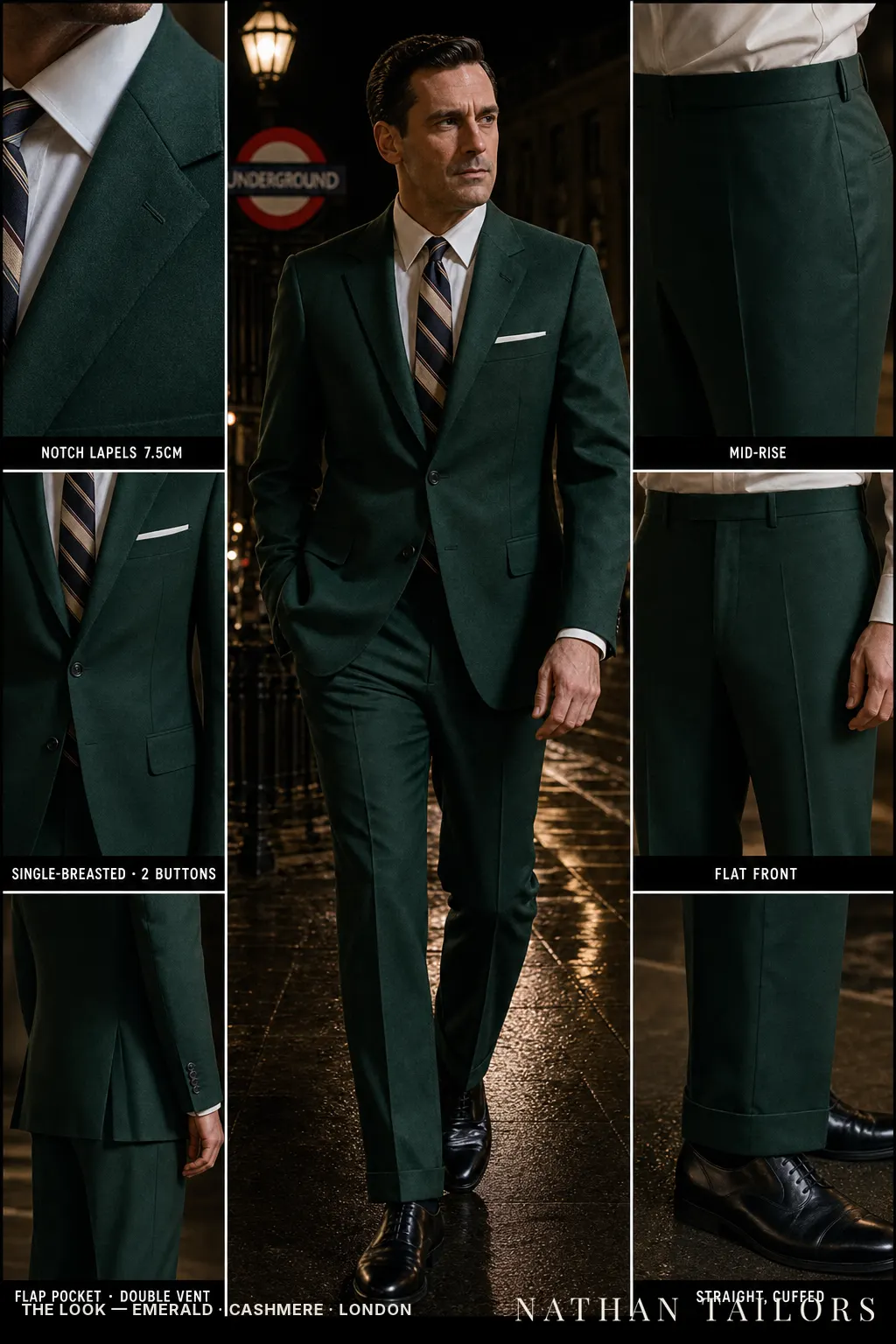 emerald single-breasted notch-lapel bespoke suit — AI-rendered by Nathan Tailors, the Hoi An custom tailor. Available as a custom tailored suit from $149.
